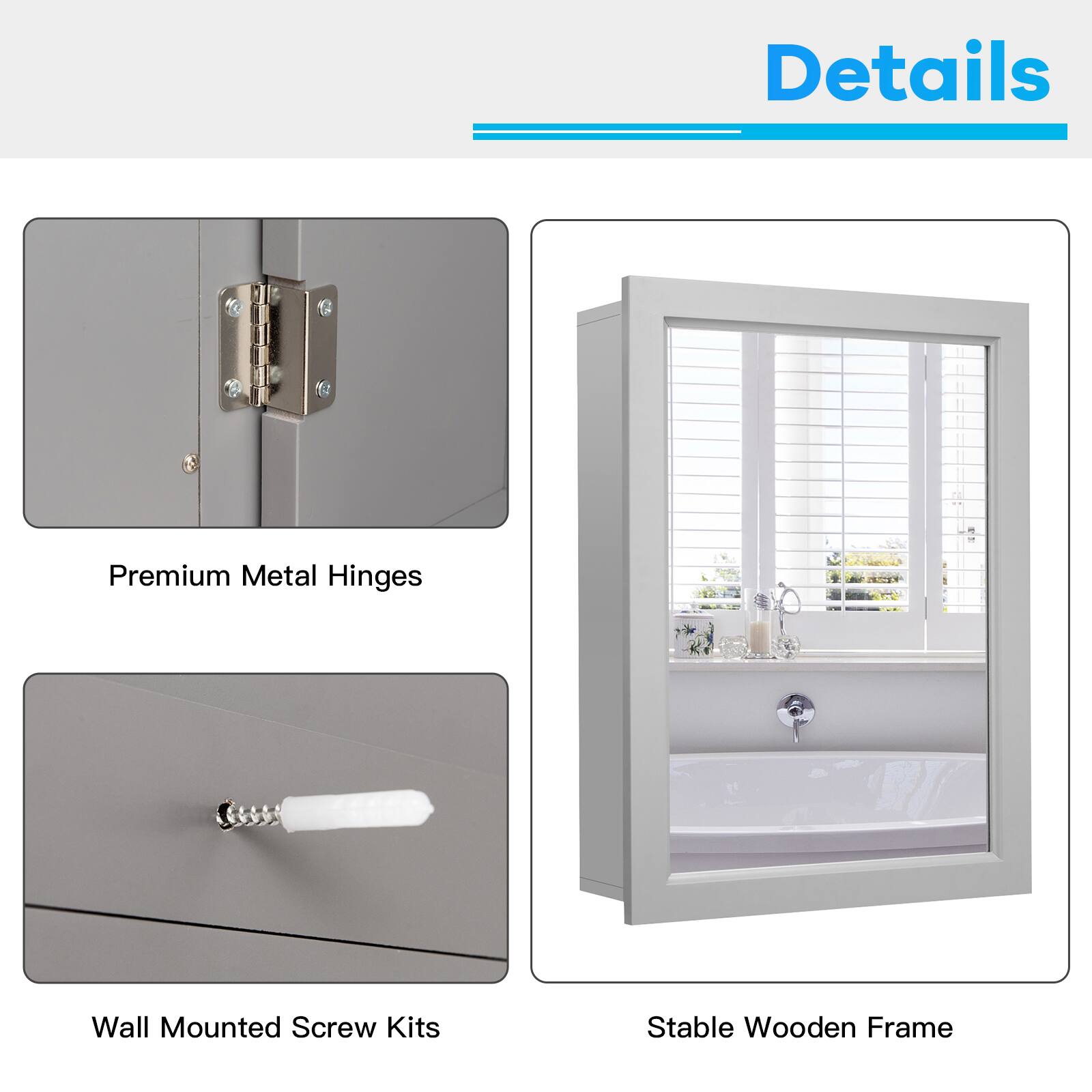 Details

Premium Metal Hinges

Wall Mounted Screw Kits

Stable Wooden Frame