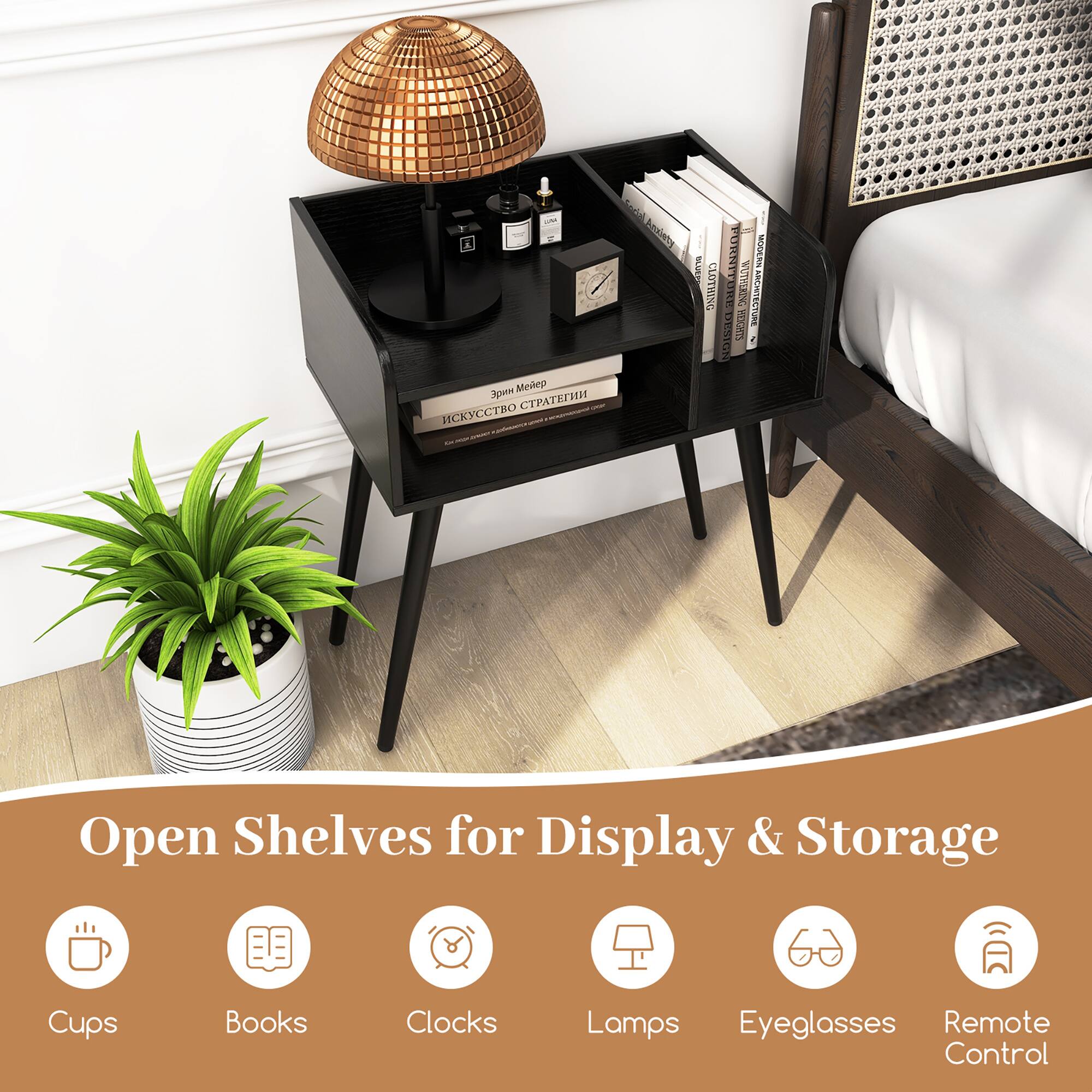 Open Shelves for Display & Storage Cups Books Clocks Lamps Eyeglasses Remote Control