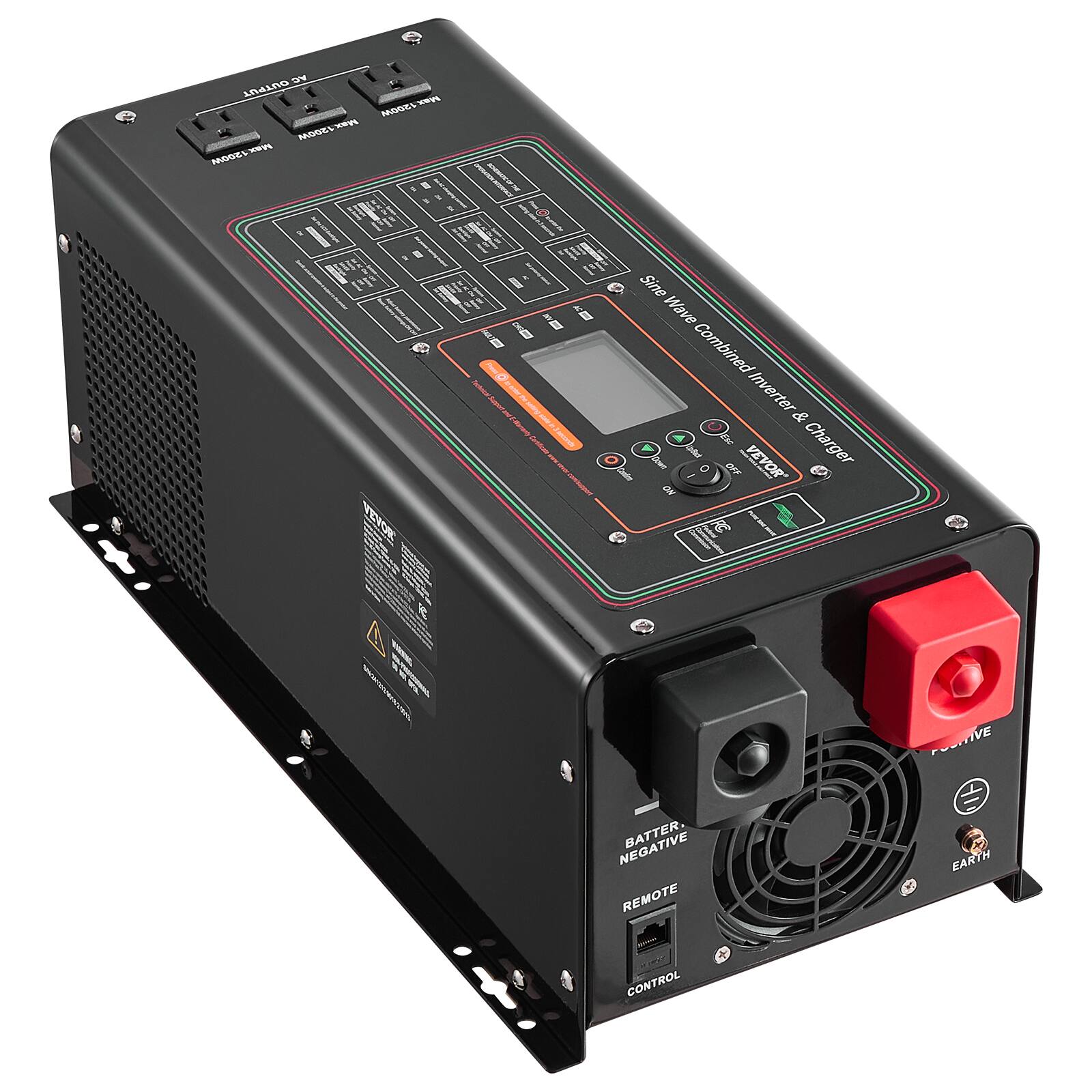 AC OUTPUT Max 1200W  
VEVOE  
FAI to inter ite Bugger Cartificate 3 seconds  
Sine Wave Combined Inverter & Calcium Down UpBack OFF VEVOR Charger NO NEGATIVE BATTER. REMOTE CONTROL  
IVE EARTH