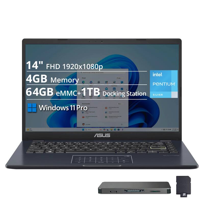 14" FHD 1920x1080p  
4GB Memory  
64GB eMMC + 1TB  
Docking Station  
SILVER  
Windows 11 Pro  
intel PENTIUM  
ASUS