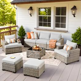 Ovios - 8 PCS Patio Furniture, Wicker Sofa with Coffee Table, High Back Armchair with Ottoman for Garden - Gray