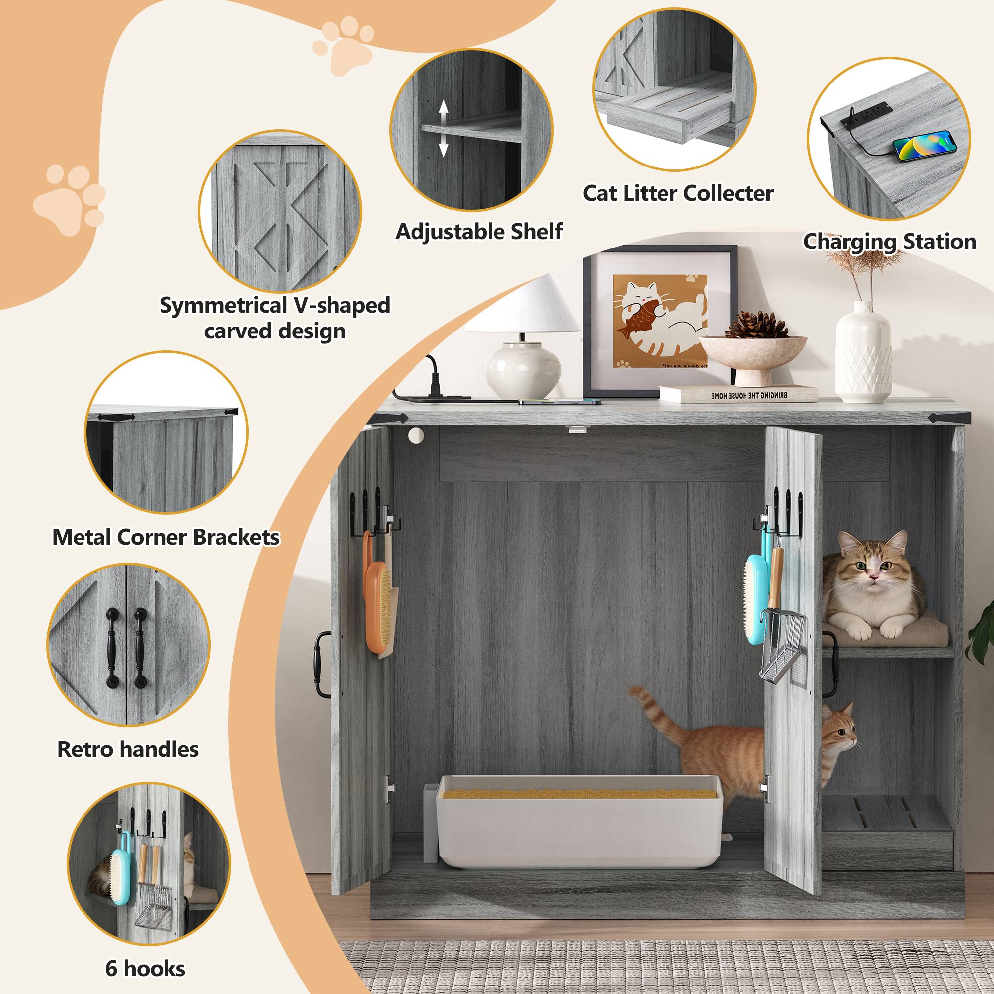 Cat Litter Collector Adjustable Shelf Charging Station Symmetrical V-shaped carved design Metal Corner Brackets Retro handles 6 hooks