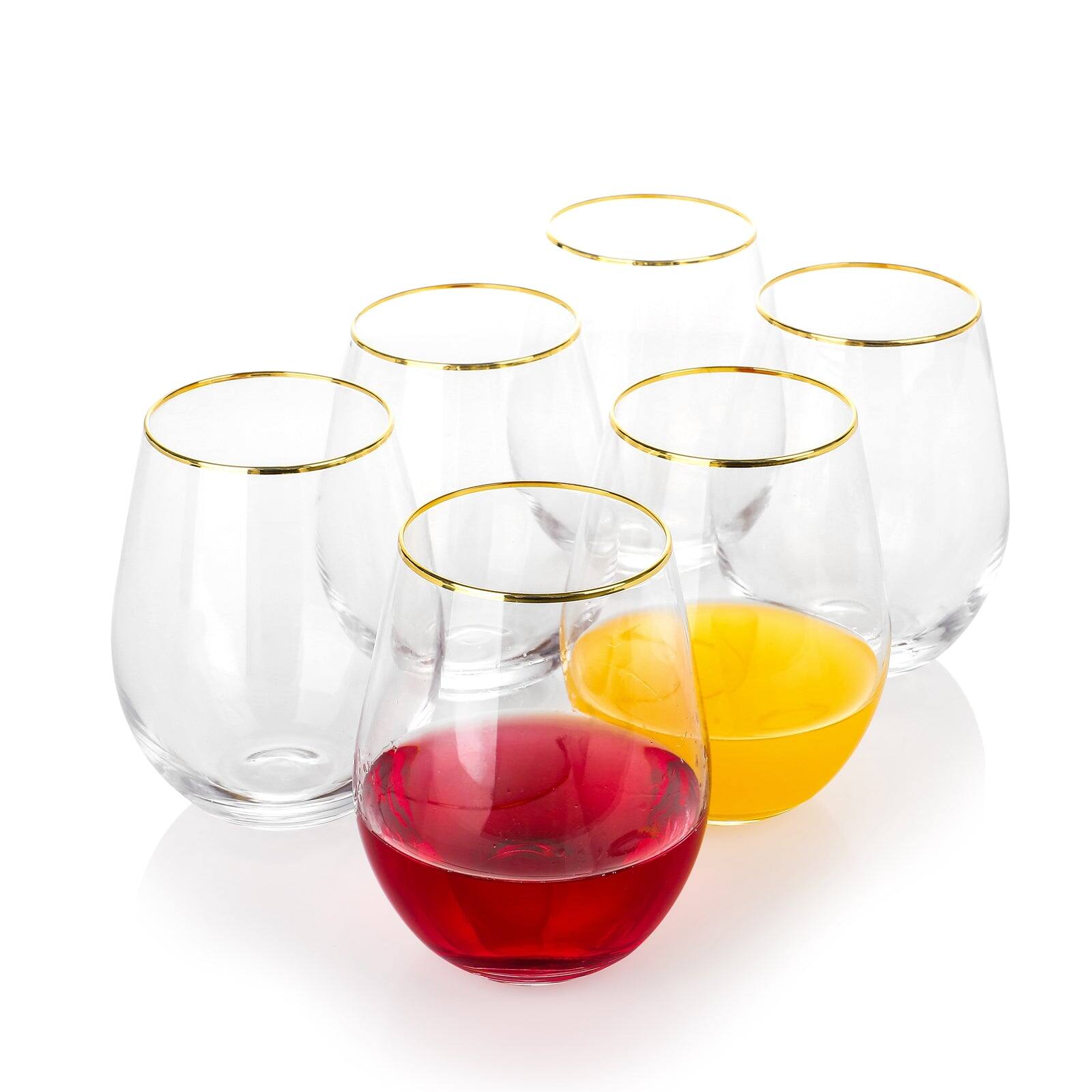Front. BreeBe - Gold Rim Stemless Wine Glasses (18.4 oz. set of 6) - Clear.