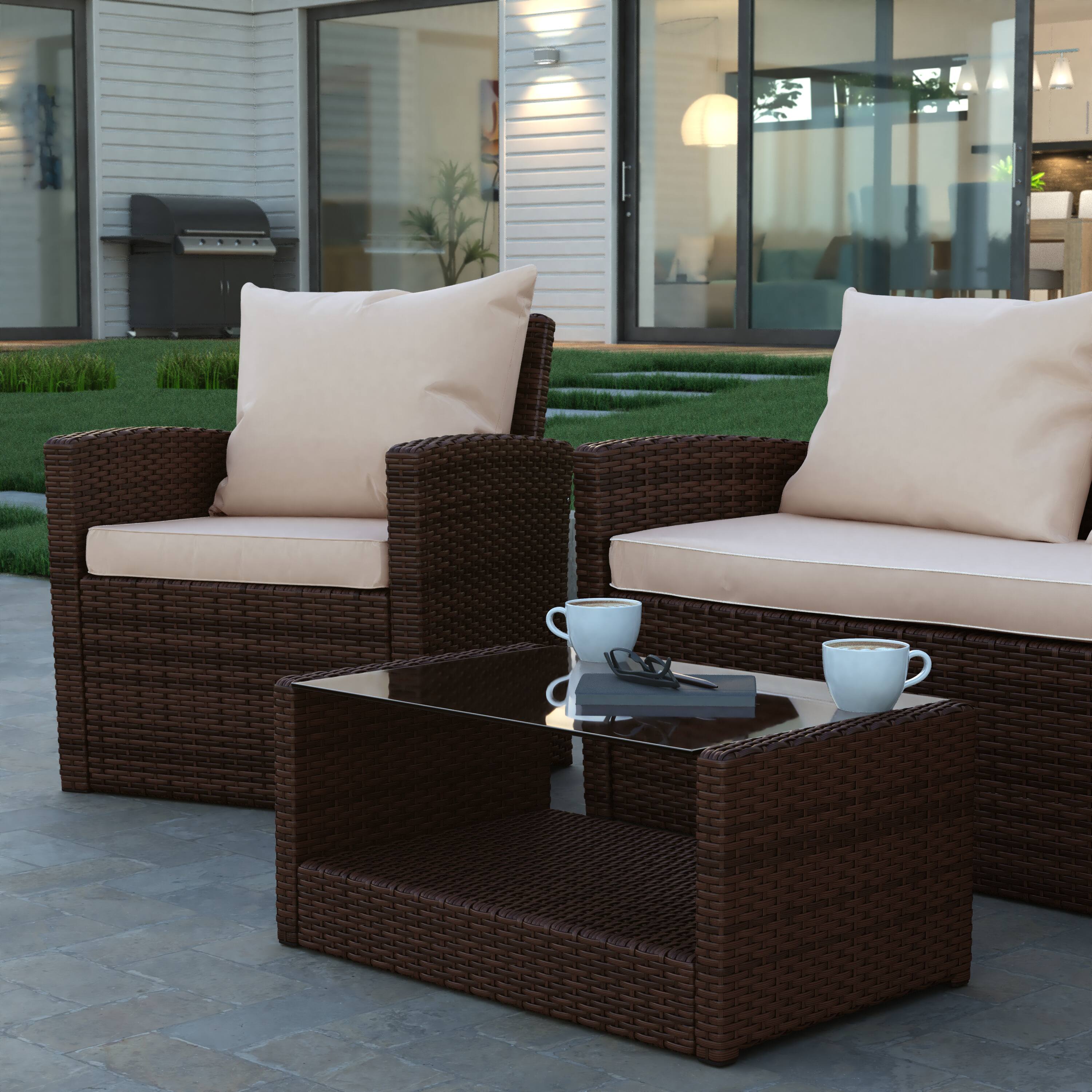 Alt View 4. Emma + Oliver - 4 Piece Patio Set with Gray Back Pillows & Seat Cushions - Outdoor Seating - Beige Cushions/Brown Frame.