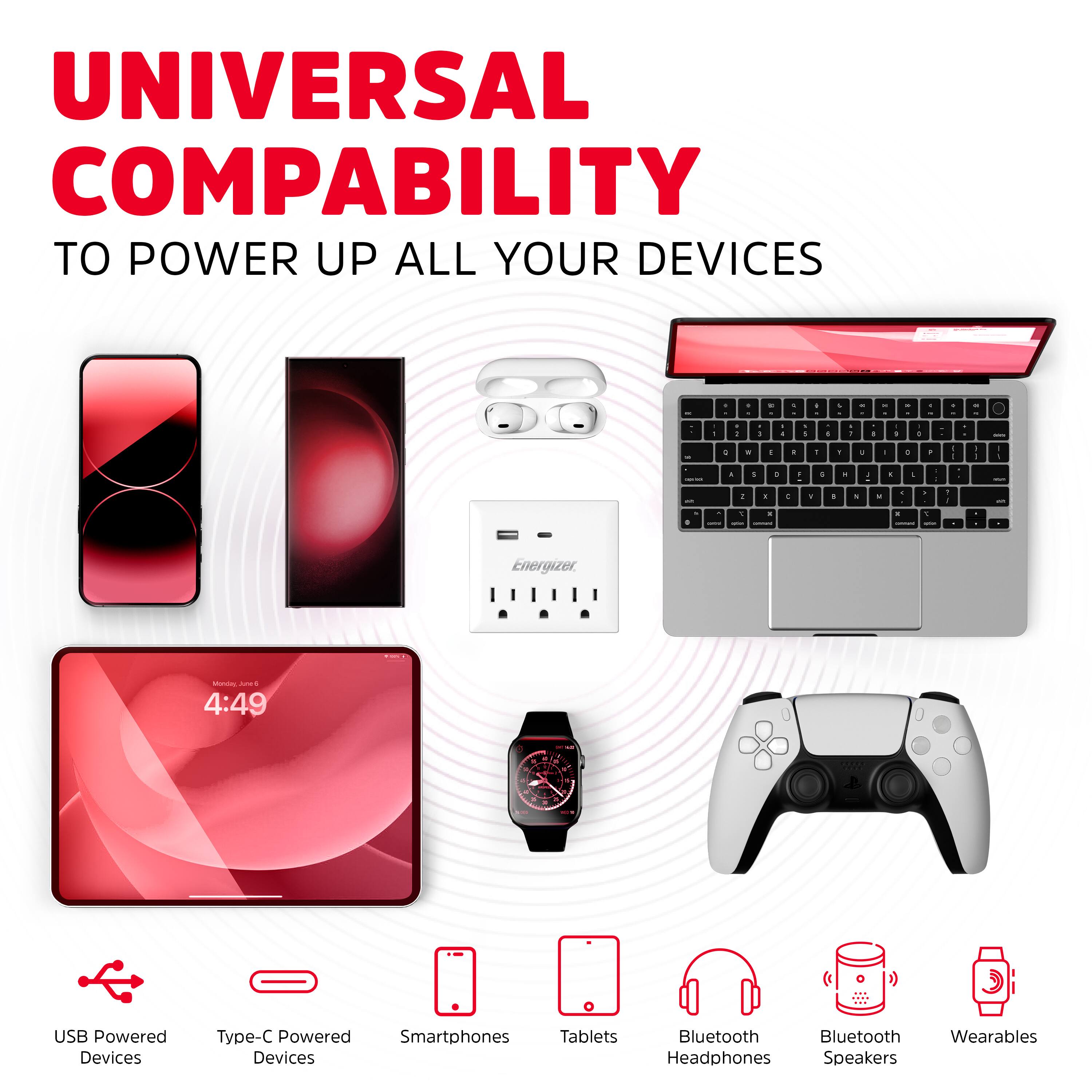 UNIVERSAL COMPATIBILITY  
TO POWER UP ALL YOUR DEVICES  

USB Powered Devices  
Type-C Powered Devices  
Smartphones  
Tablets  
Bluetooth Headphones  
Bluetooth Speakers  
Wearables