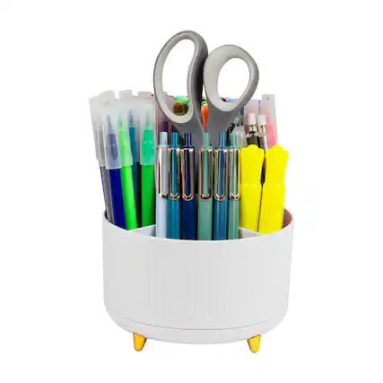 Front. Mind Reader - Rotating Pen Cup, 5-Compartment Accessory Holder for Desk Supplies, Desktop Organizer, Plastic - White.