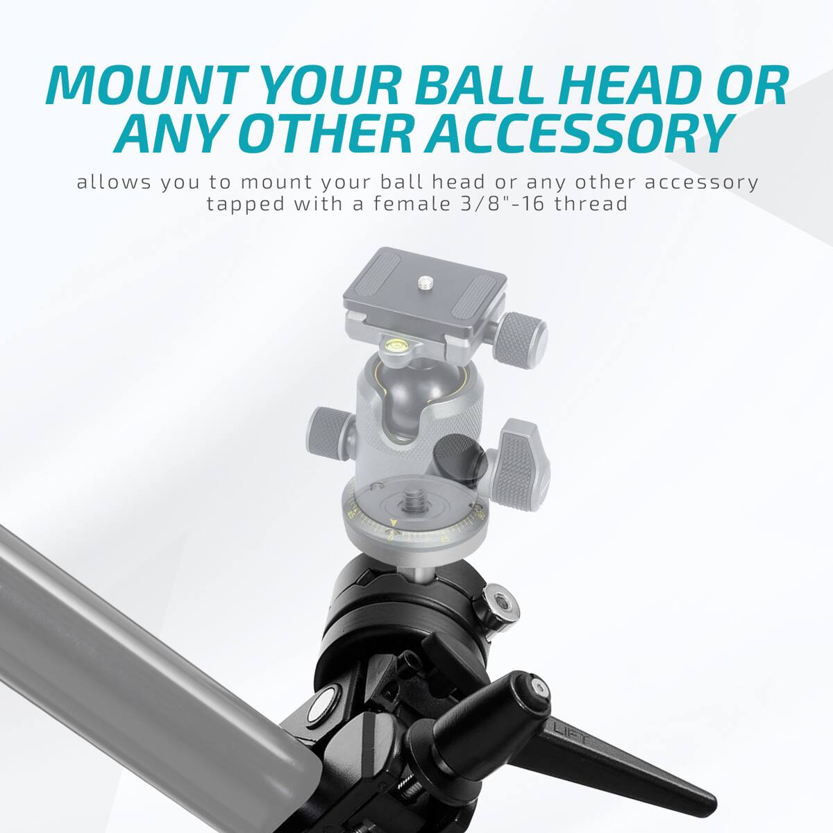 MOUNT YOUR BALL HEAD OR ANY OTHER ACCESSORY

allows you to mount your ball head or any other accessory tapped with a female 3/8"-16 thread