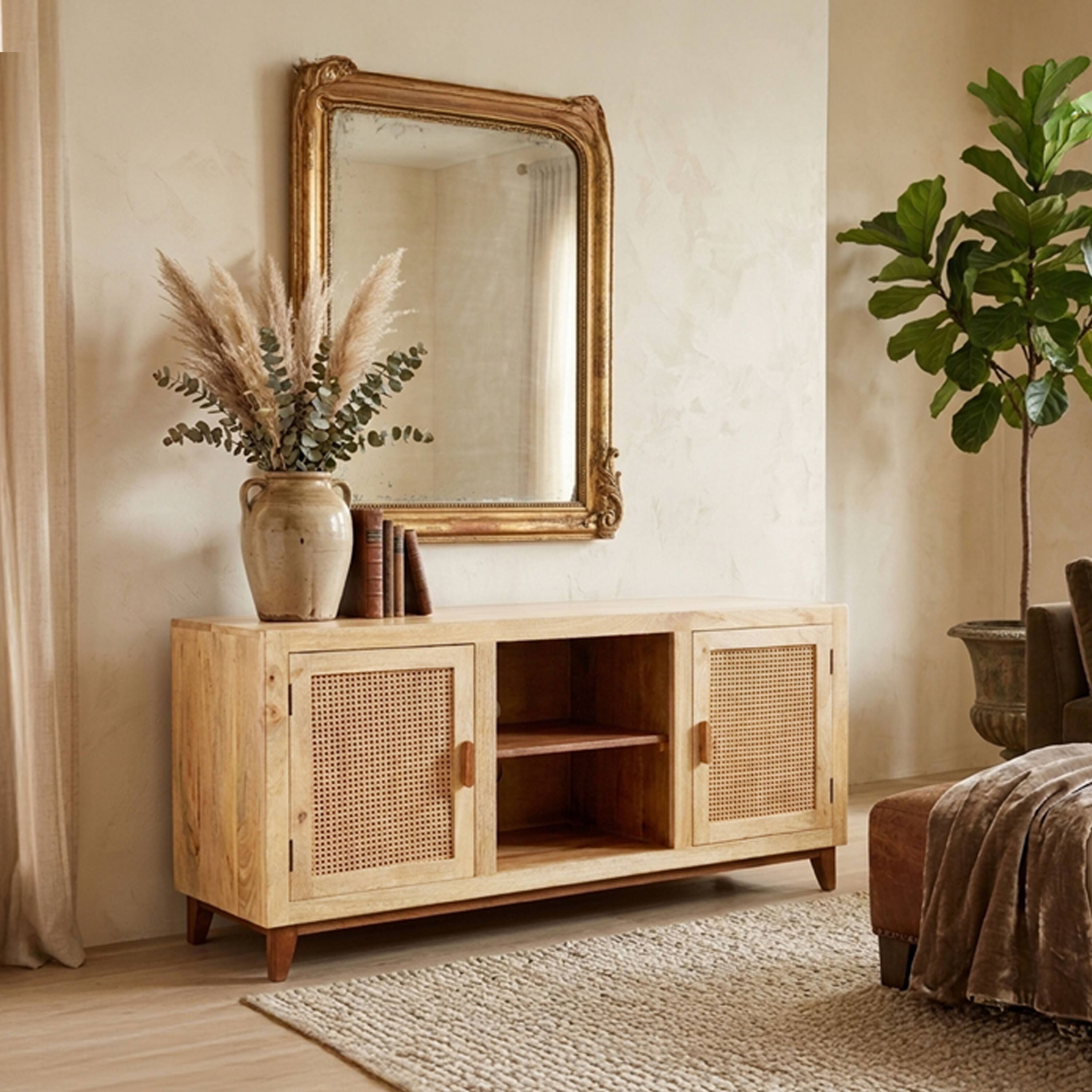 Alt View 10. Manhattan Lane - Aru 58 Inch Sideboard Buffet Cabinet, 2 Cane Doors n Open Shelves, 2 Tone Antique Brown Mango Wood - Antique Brown.