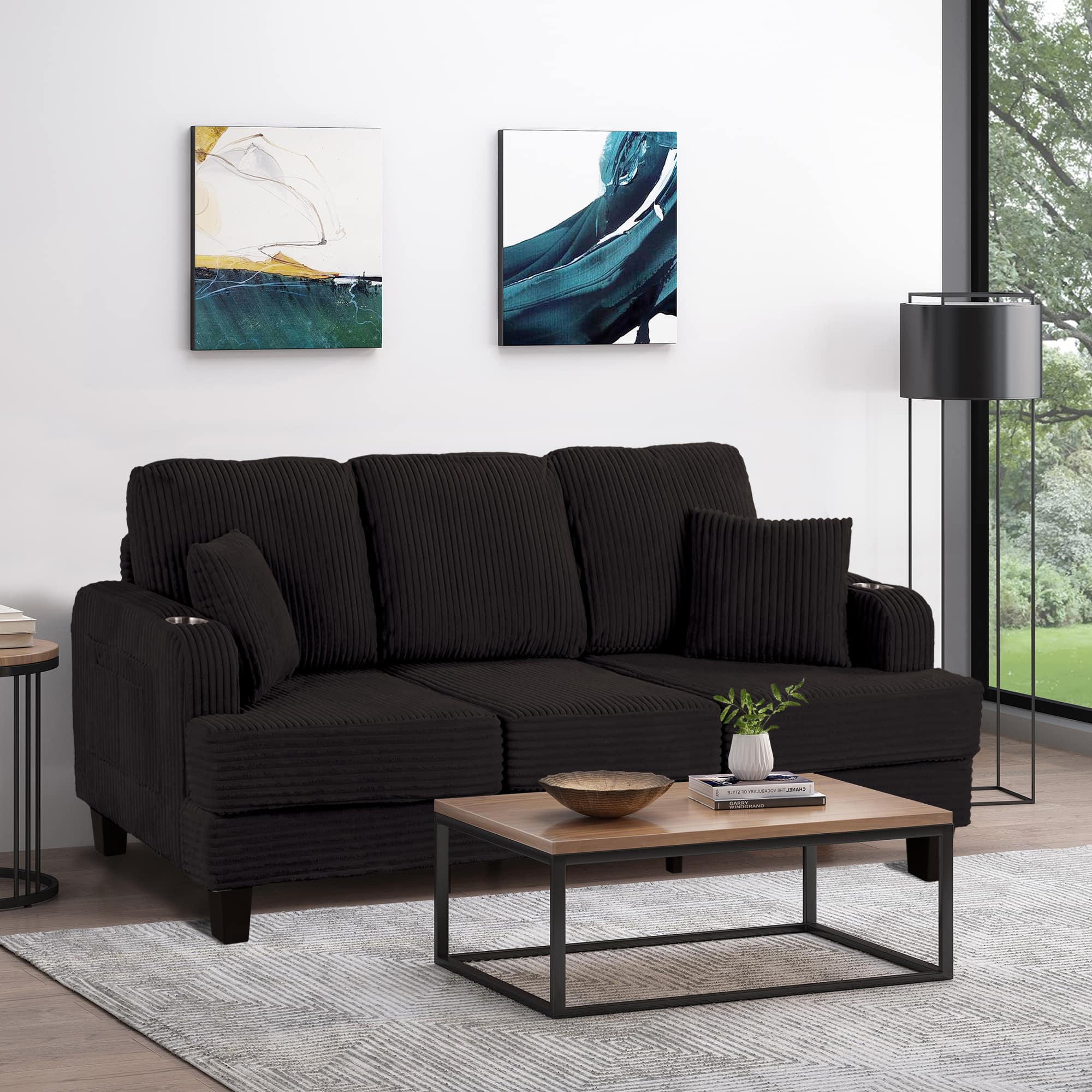 "Vaczon - 84.25"" Upholstered Sofa with USB Charging Ports, Dual Cup Holders, and 2 Throw Pillows, 3-Seat Living Room Couch - Black" price history on PriceWatchPro