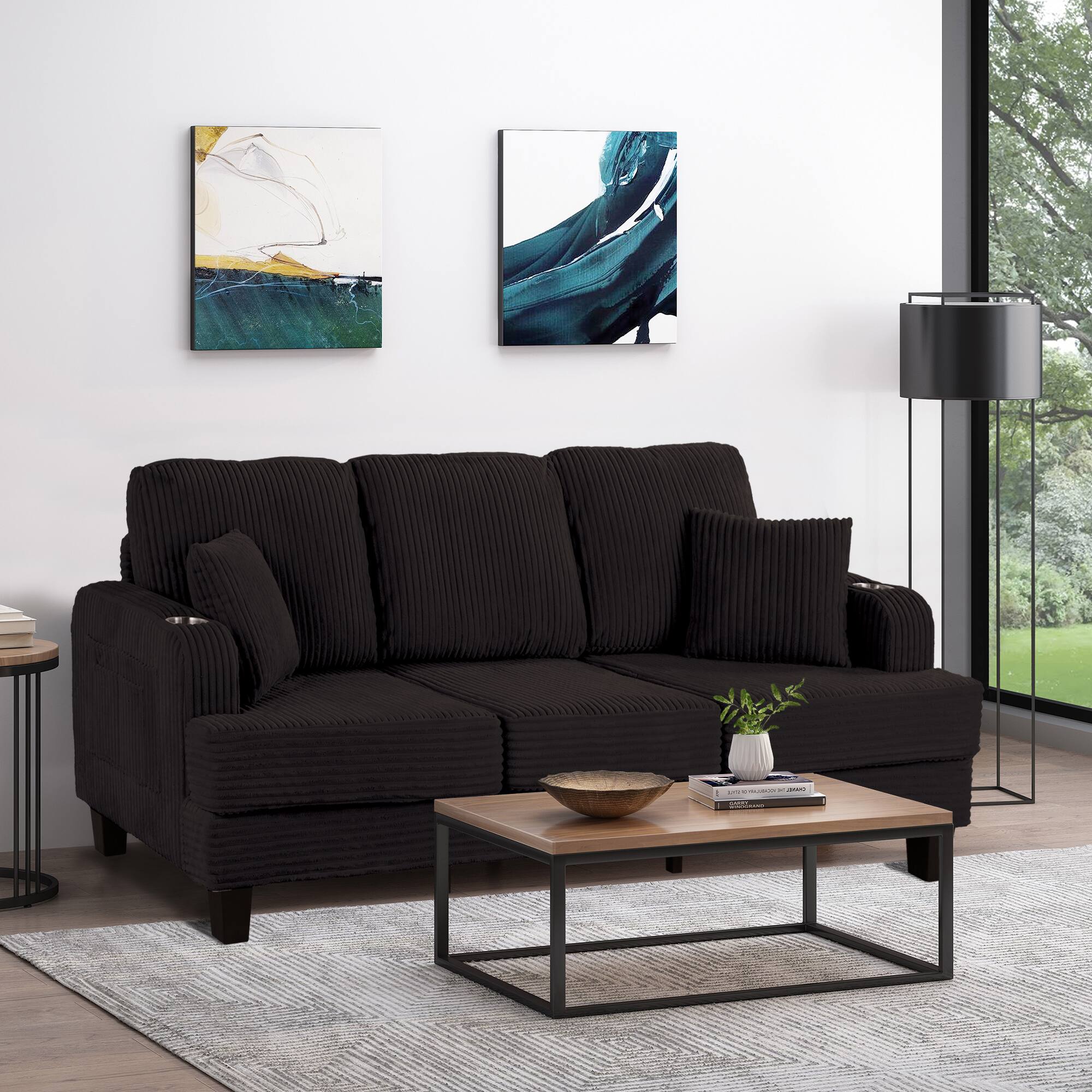 Left. Vaczon - 84" Upholstered Sofa with USB Charging Ports, Dual Cup Holders, and 2 Throw Pillows, 3-Seat Living Room Couch - Black.