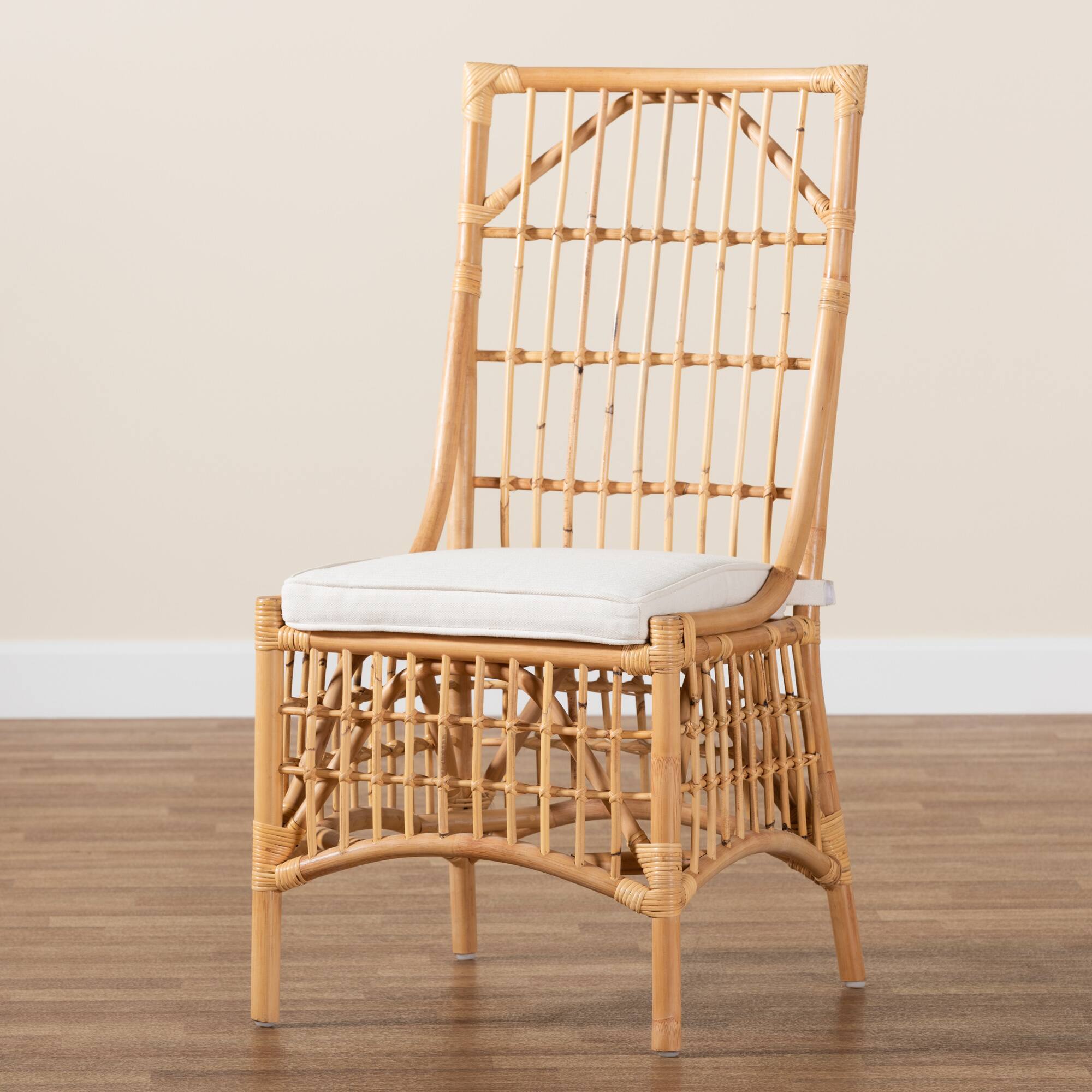Alt View 5. bali & pari - Rose Modern Bohemian Fabric Upholstered and Rattan Dining Chair - White/Natural Brown.