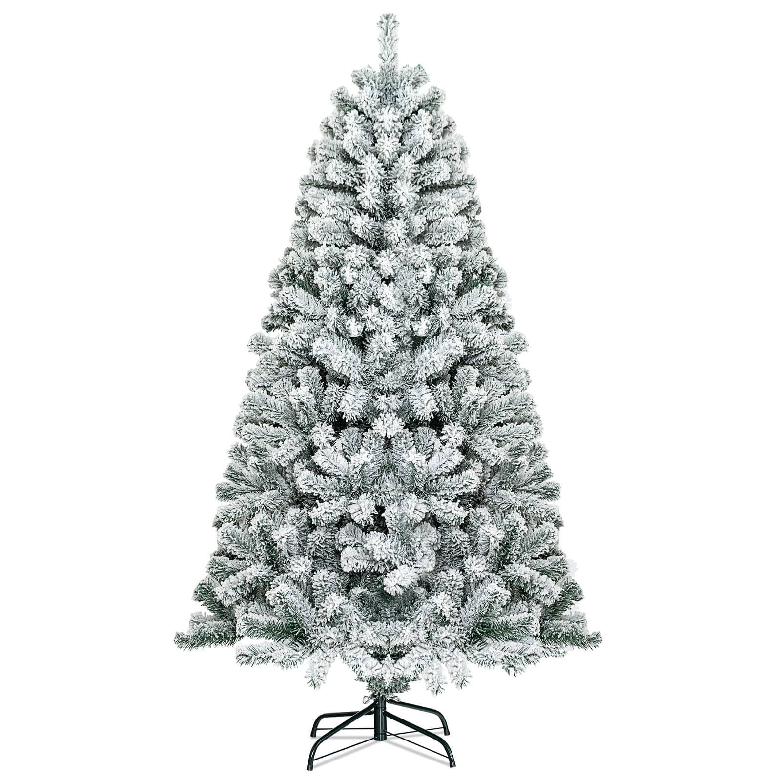 Costway - 6ft Snow Flocked Hinged Artificial Christmas Tree Unlit Metal - Green/White