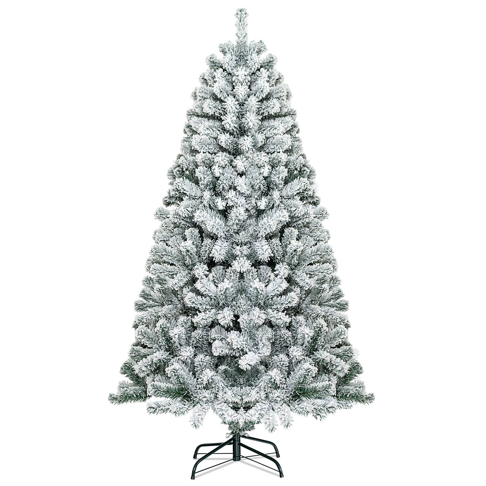 Front. Costway - 6ft Snow Flocked Hinged Artificial Christmas Tree Unlit Metal - Green/White.