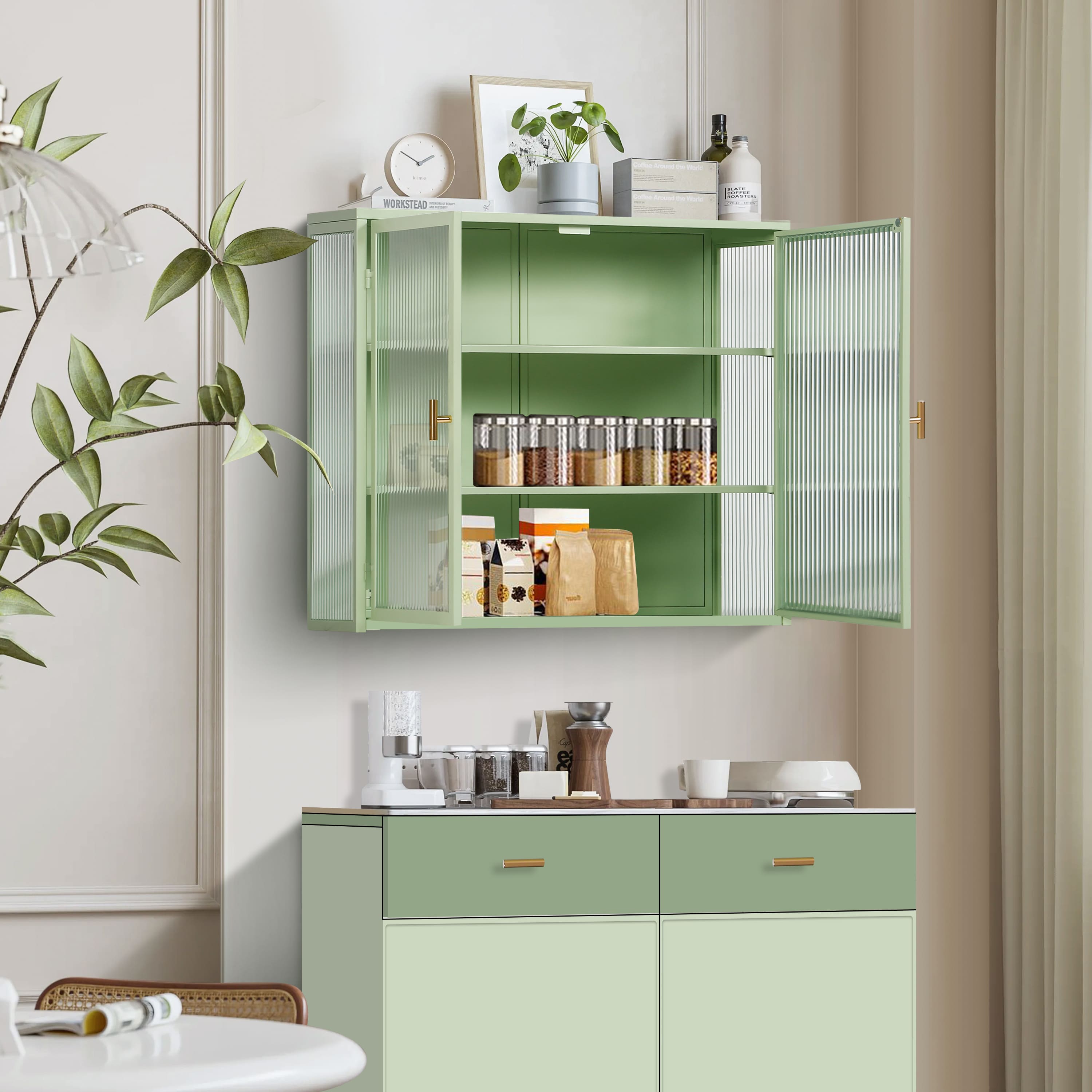 Spaco - 27.56" Wall Cabinet with Glass Doors, Modern 2 Door Storage Cabinet with 3 Tier Shelves for Living Bathroom Room - Mint Green