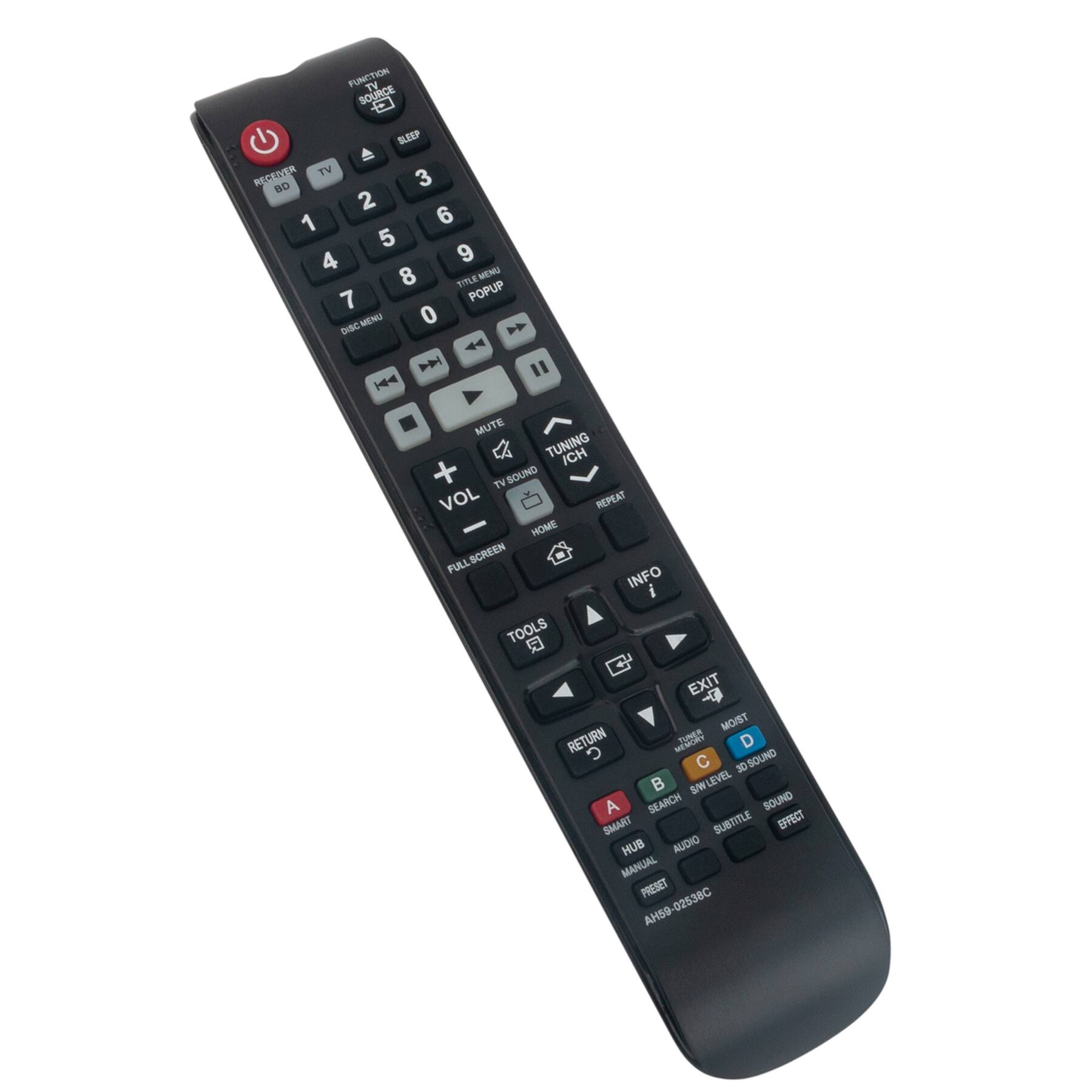 FUNCTION TV SOURCE  
RECORD  
TV  
1 2 3  
4 5 6  
7 8 9  
0  
TITLE MENU  
POPUP  
TUNING ICH  
MUTE  
VOL  
TV SOUND  
INFO  
FULL SCREEN  
TOOLS  
EXIT  
RETURN  
SEARCH  
SMART SUBTITLE EFFECT  
HUB AUDIO MANUAL PRESET  
A SEARCH  
B S/W LEVEL  
C 3D SOUND  
D  
A  
B  
C  
D  
A459-02538C