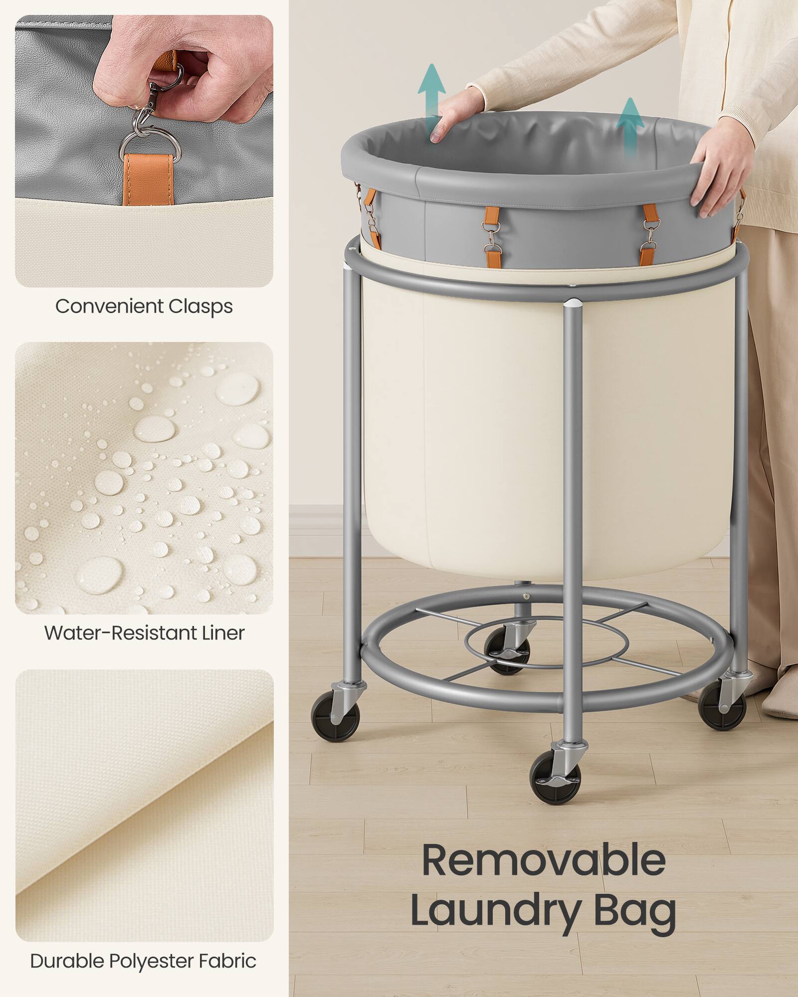 Convenient Clasps  
Water-Resistant Liner  
Durable Polyester Fabric  
Removable Laundry Bag