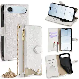 Dteck - Crossbody Wallet Case for Apple iPhone Air, Elegant Zipper PU Leather Folio Stand Protective Cover, Built-in Mini Mirror - White