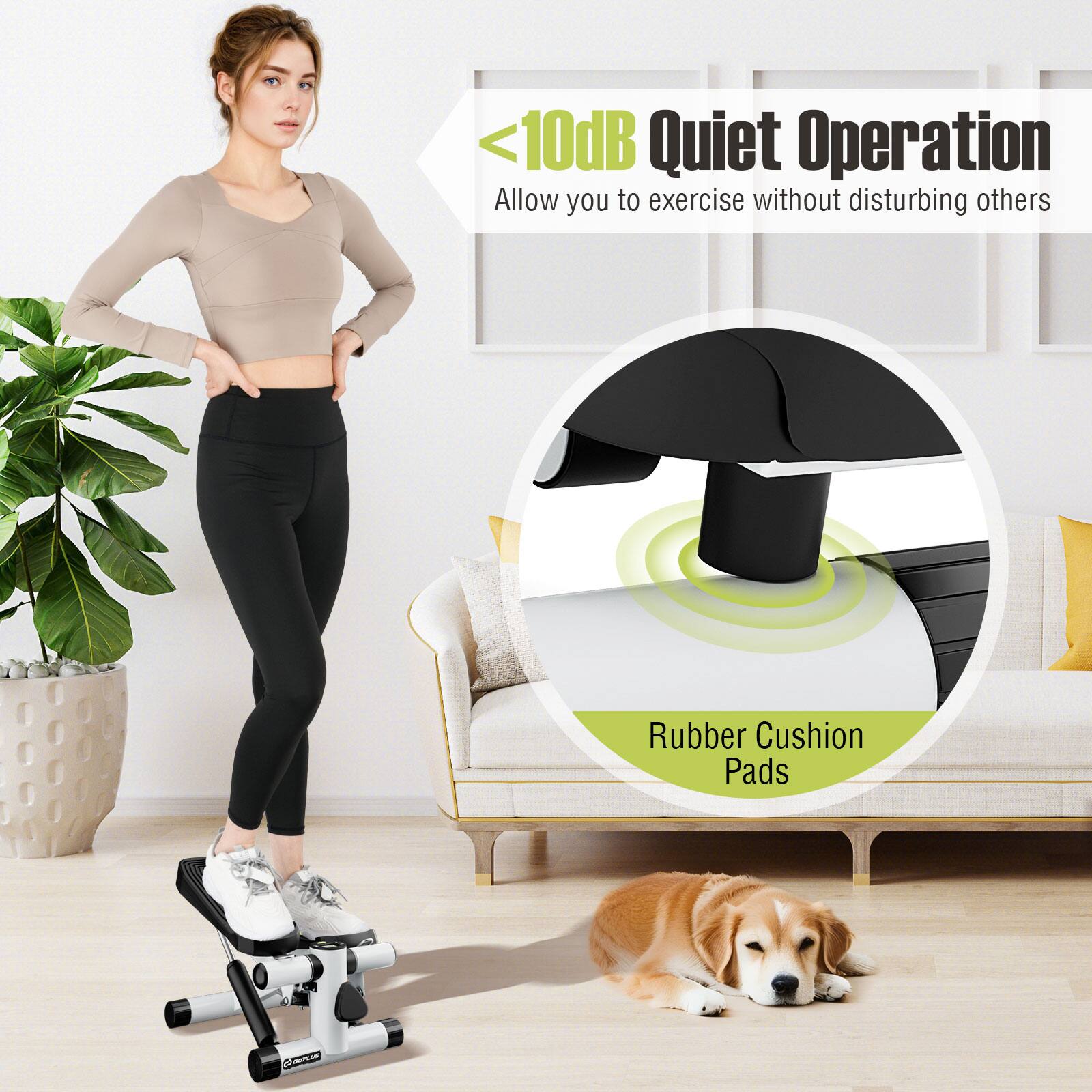 <10dB Quiet Operation: Allow you to exercise without disturbing others. Rubber Cushion Pads.