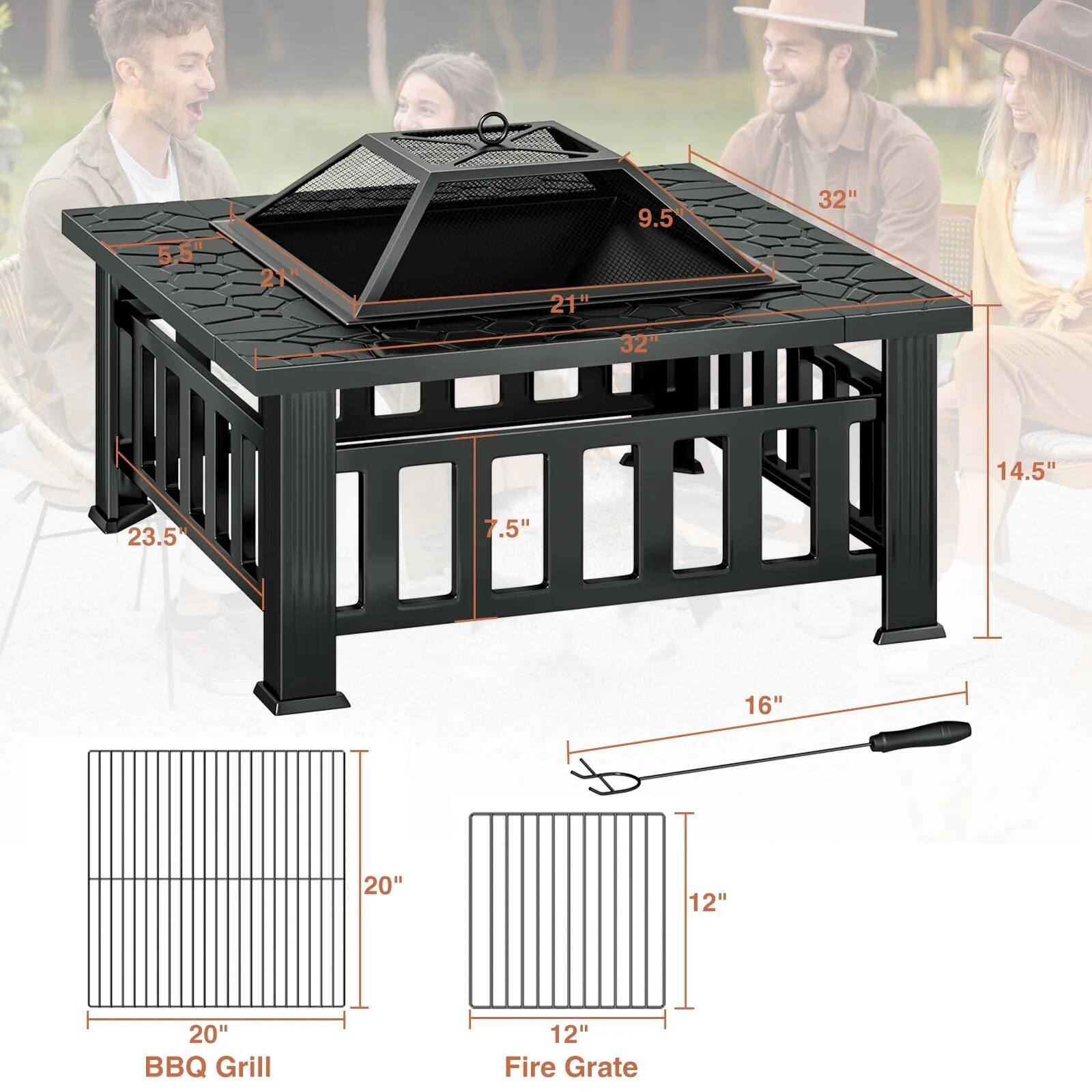 5.5", 21", 21", 9.5", 32", 32", 14.5", 23.5", 7.5", 16", 20", 12", 20", BBQ Grill, 12", Fire Grate