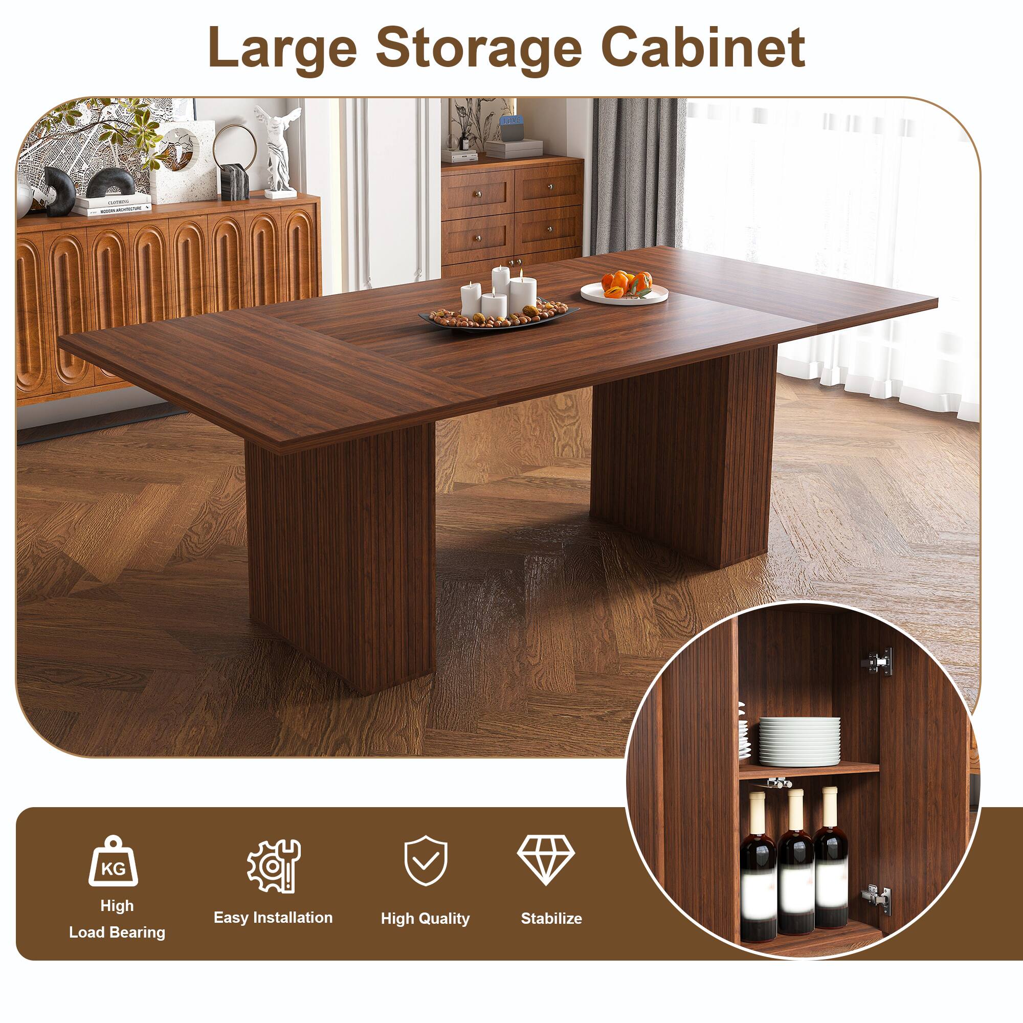 Loheer 78 Inch Dining Table With Storage Base, Wood Veneer, Modern ...