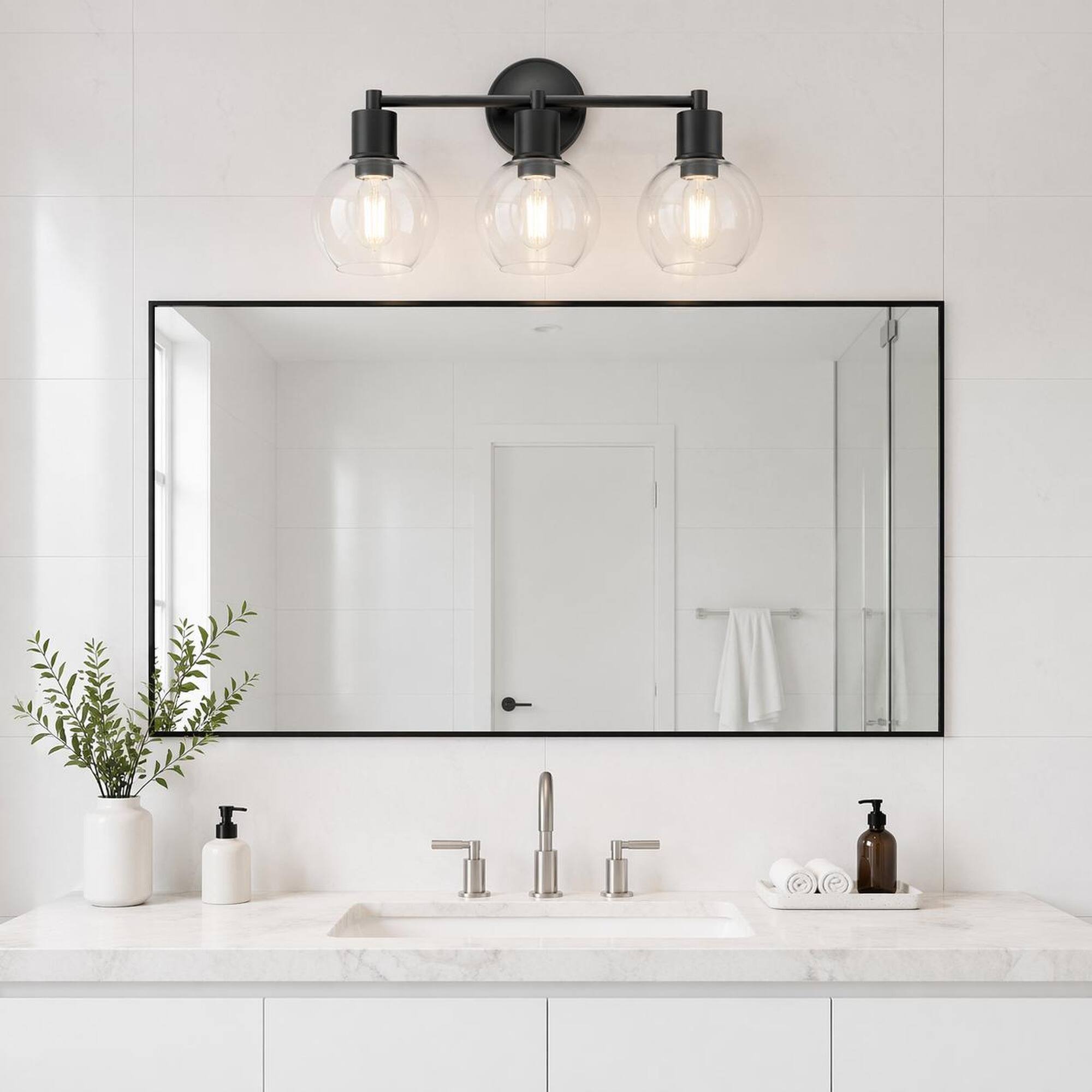 Angle. RYHNUYNE - 3-Light Globe Wall Sconce, Industrial Black Metal Vanity Light with Clear Glass Shades for Bathroom, Bedroom.