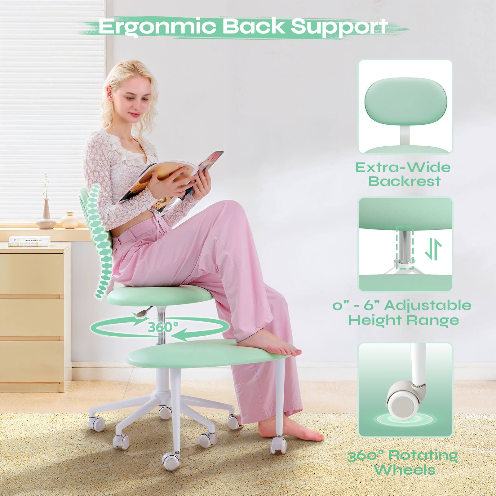 Ergonomic Back Support: Extra-Wide Backrest | 0"-6" Adjustable Height Range | 360° Rotating Wheels