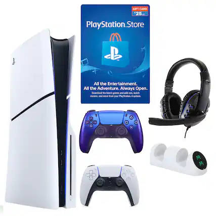 The image features a PlayStation 4 console, a gift card for the PlayStation Store, and a pair of headphones. The gift card is worth $25 and can be used to download games, movies, and other content from the PlayStation Store. The headphones are designed for use with the PlayStation 4 and provide an immersive audio experience for the user.