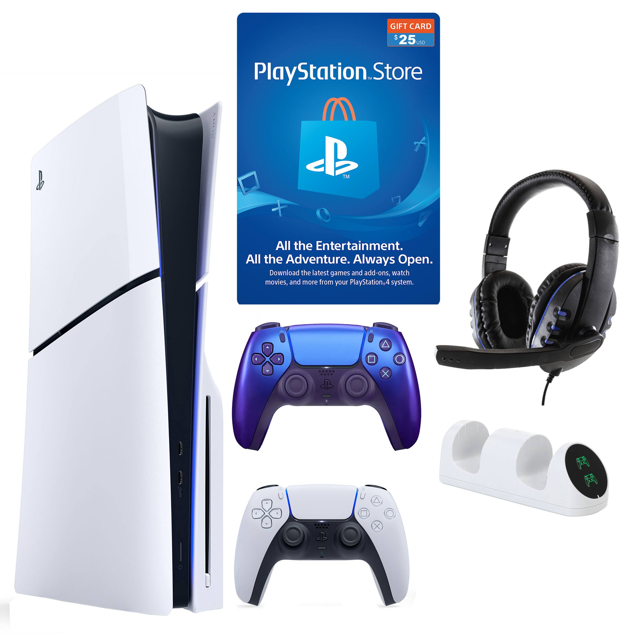 The image features a PlayStation 4 console, a gift card for the PlayStation Store, and a pair of headphones. The gift card is worth $25 and can be used to download games, movies, and other content from the PlayStation Store. The headphones are designed for use with the PlayStation 4 and provide an immersive audio experience for the user.