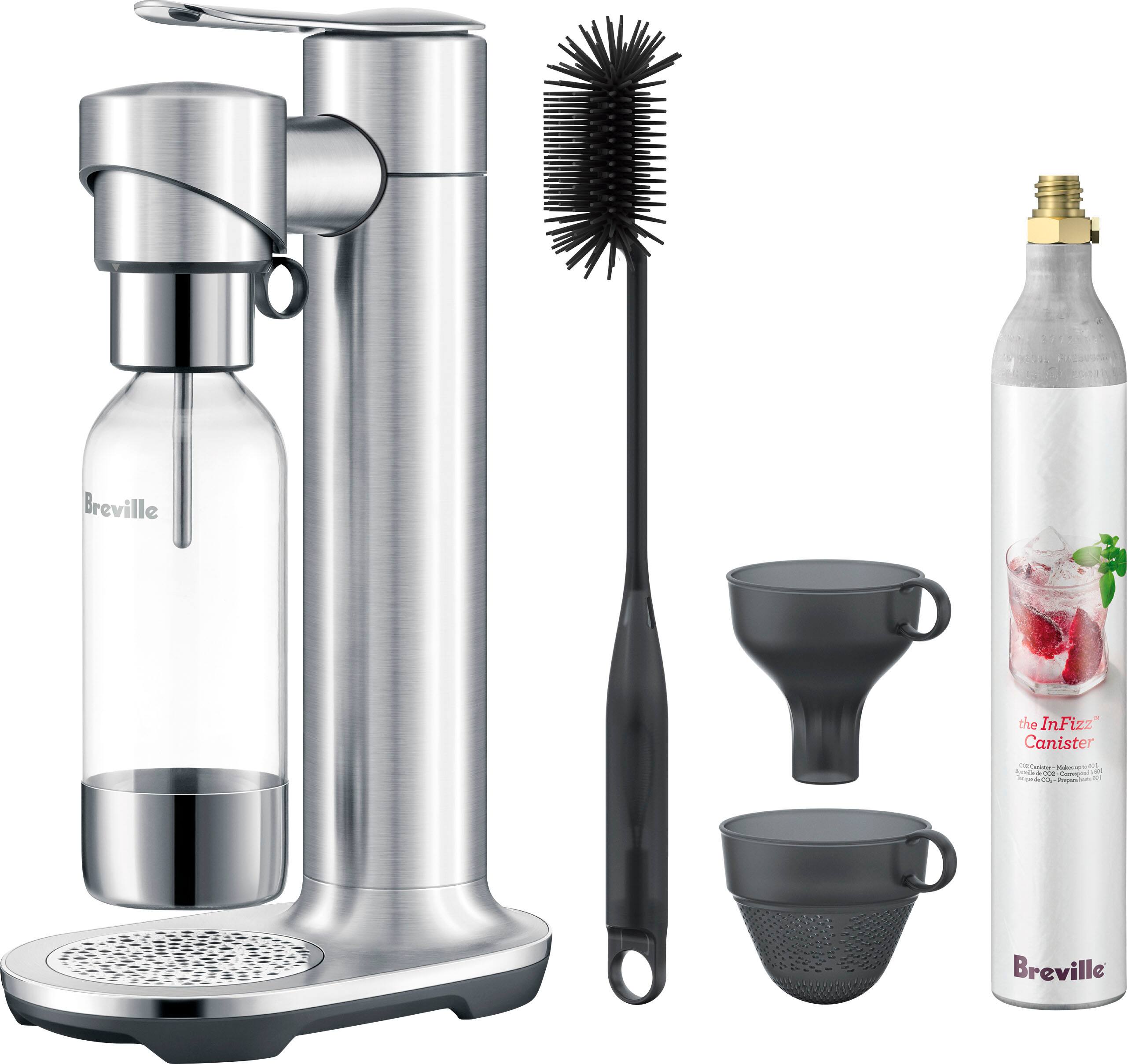 Breville is the brand of the InFizz Canister, which is a coffee maker. The image shows the coffee maker along with other items such as a brush, a cup, and a bottle.