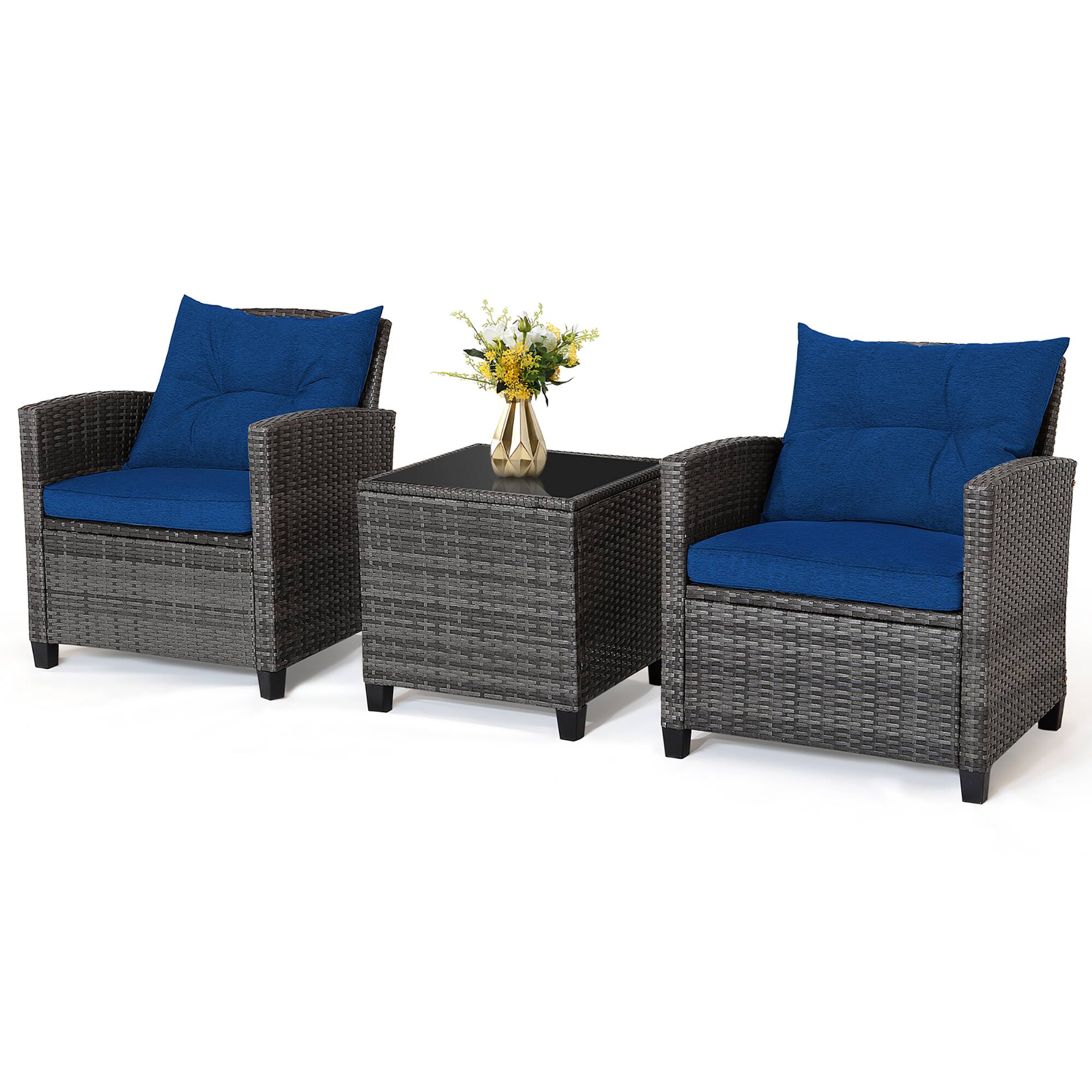 Alt View 1. Gymax - Gymax 3PCS Patio Rattan Sofa Set Outdoor Wicker Conversation Set Glass Tabletop w/ Navy Cushion - Navy.