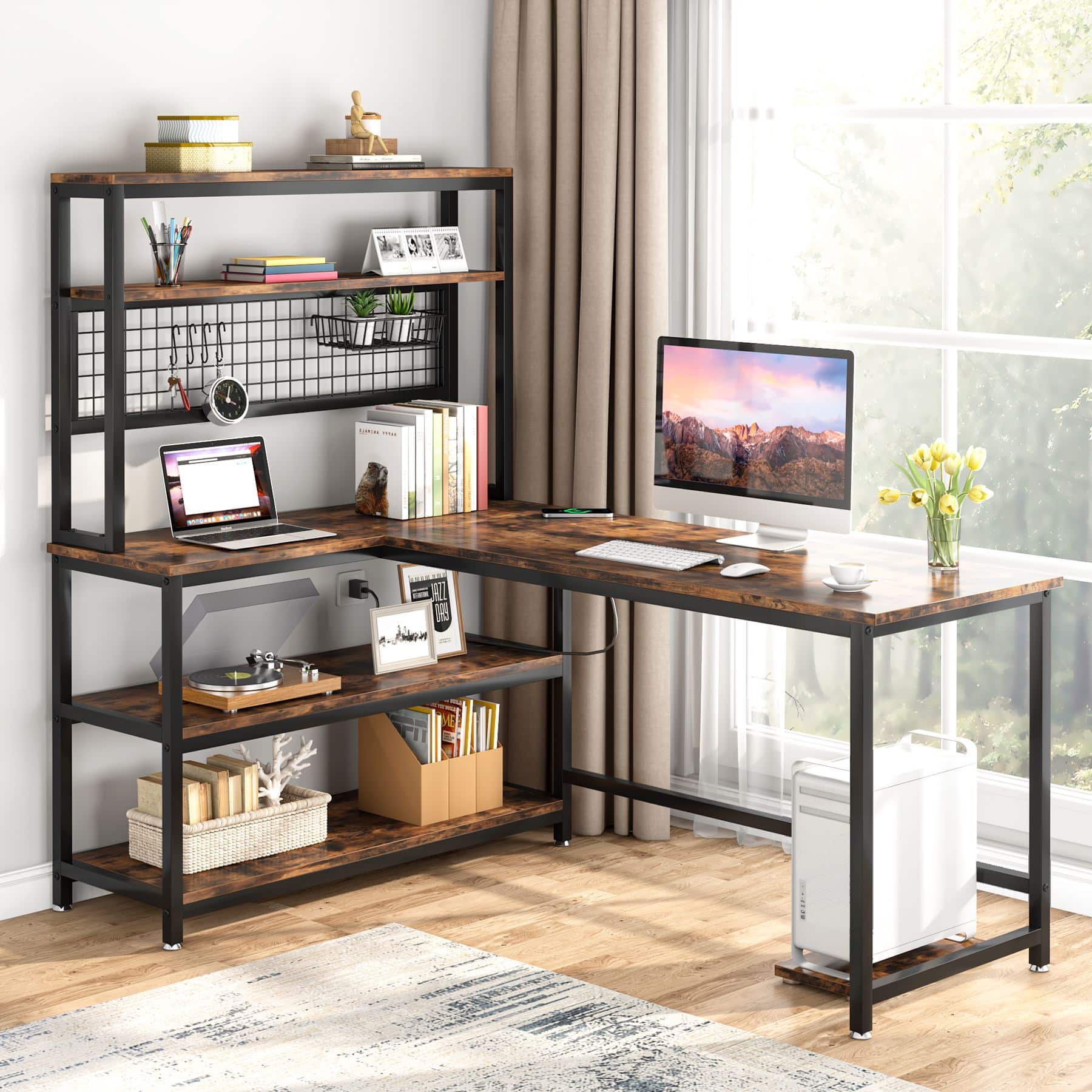 Tribesigns - Office Computer Desk with Storage Shelves, L-Shaped Design, for Computer Work, Writing and Study in Home Offices - Brown