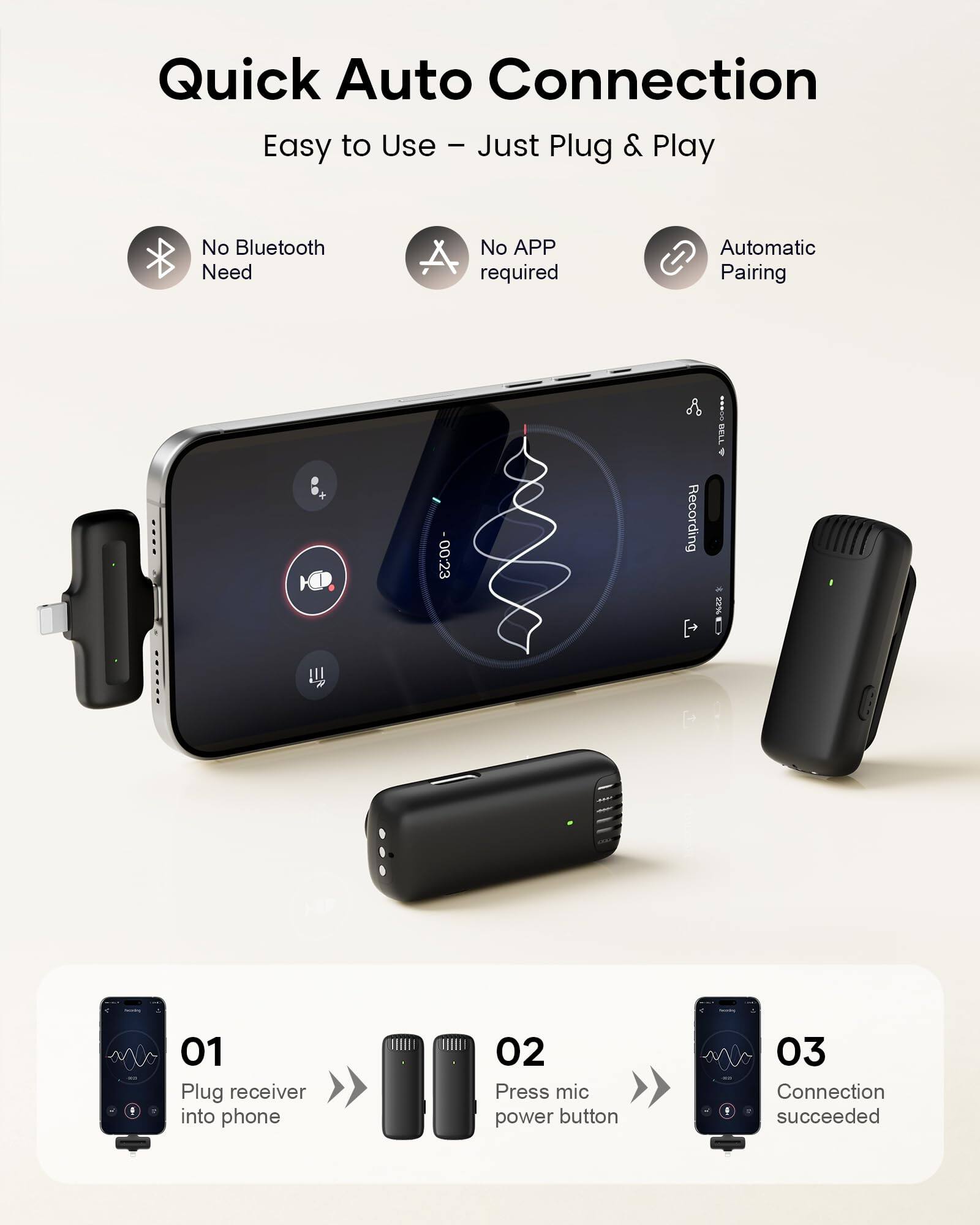 Quick Auto Connection  
Easy to Use - Just Plug & Play  

No Bluetooth Need  
No APP required  
Automatic Pairing  

01  
Plug receiver into phone  

02  
Press mic power button  

03  
Connection succeeded