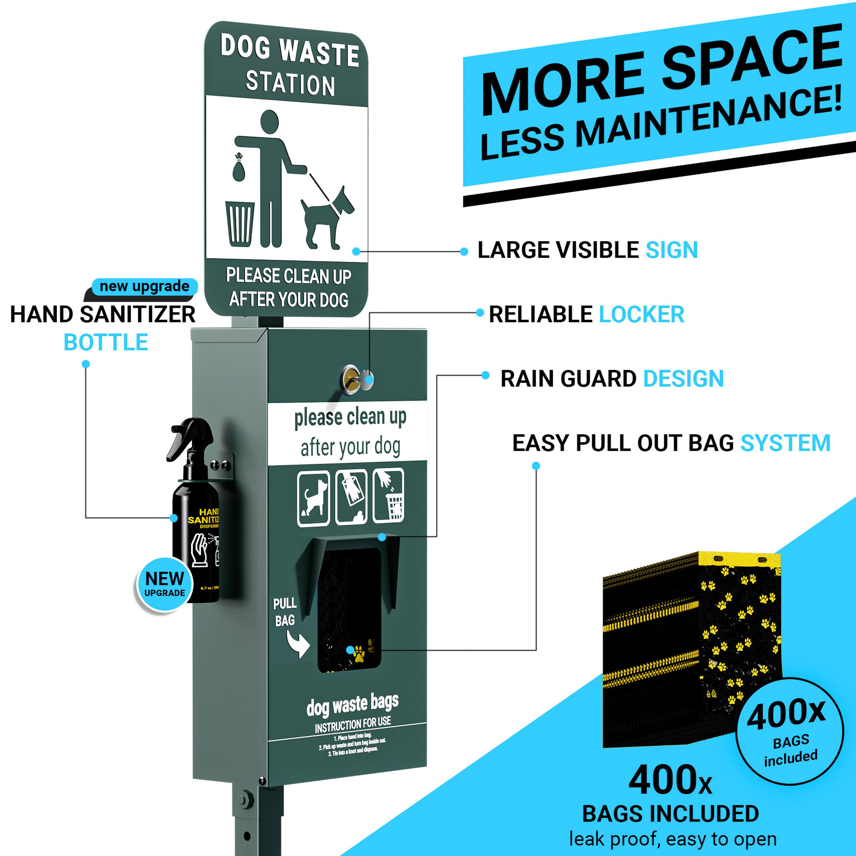 DOG WASTE STATION  
MORE SPACE LESS MAINTENANCE!  

- PLEASE CLEAN UP AFTER YOUR DOG  
- HAND SANITIZER BOTTLE  
- LARGE VISIBLE SIGN  
- RELIABLE LOCKER  
- RAIN GUARD DESIGN  
- EASY PULL OUT BAG SYSTEM  

INSTRUCTION FOR USE:  
1. Pull bag.  
2. Pick up.  
3. Throw away.  

400x BAGS INCLUDED  
leak proof, easy to open