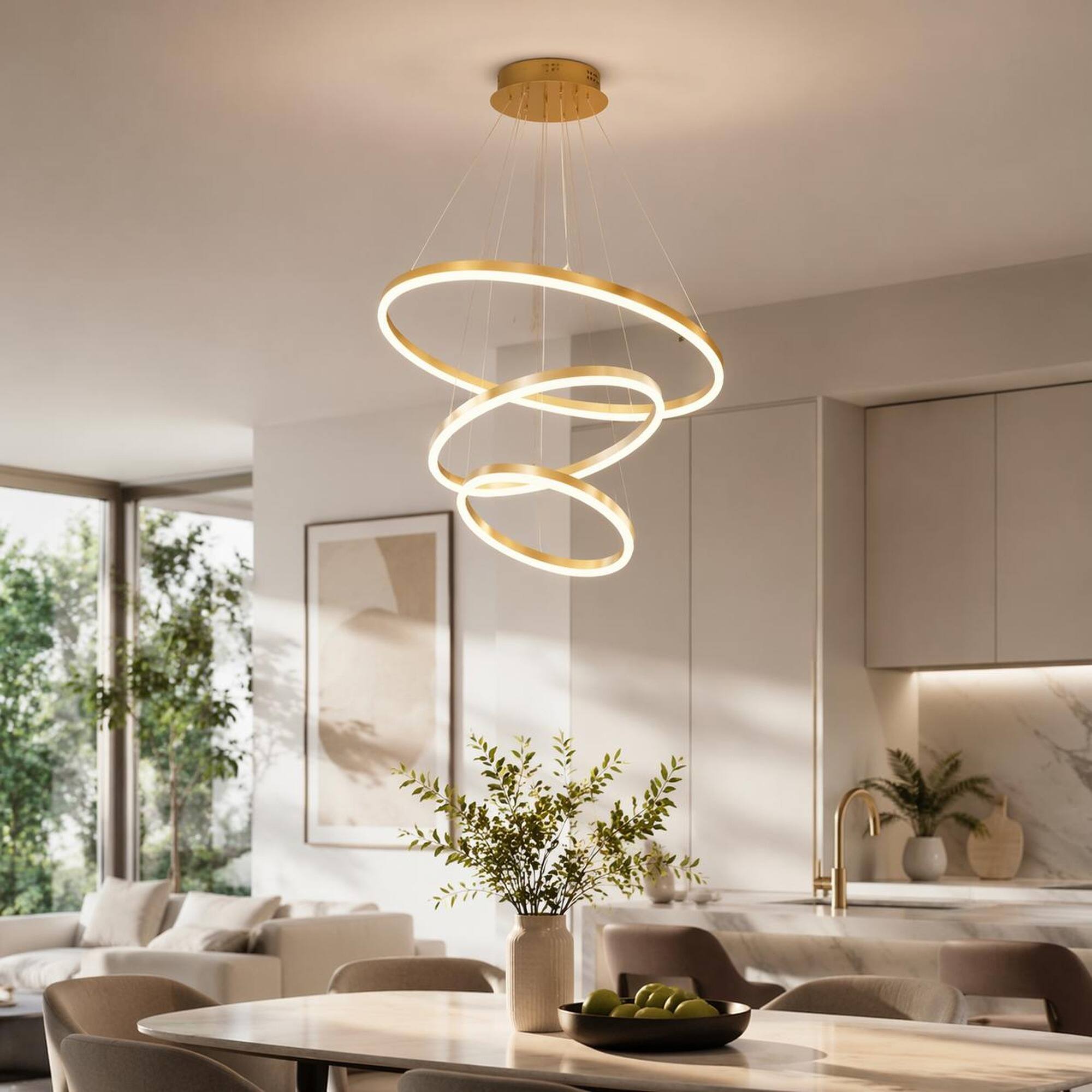 Alt View 2. RYHNUYNE - Modern Gold LED Chandelier with Three Interlocking Rings, Dimmable Remote Control, Adjustable Height Pendant Light.