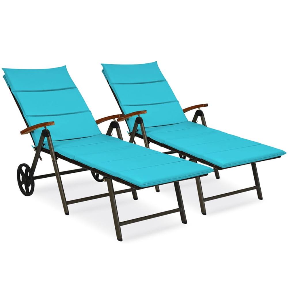 Left. Pefilos - Patio Lounge Chair, Rattan Lounger Recliner Chair Back Adjustable Chaise Recliner, Turquoise Cushion - Blue.
