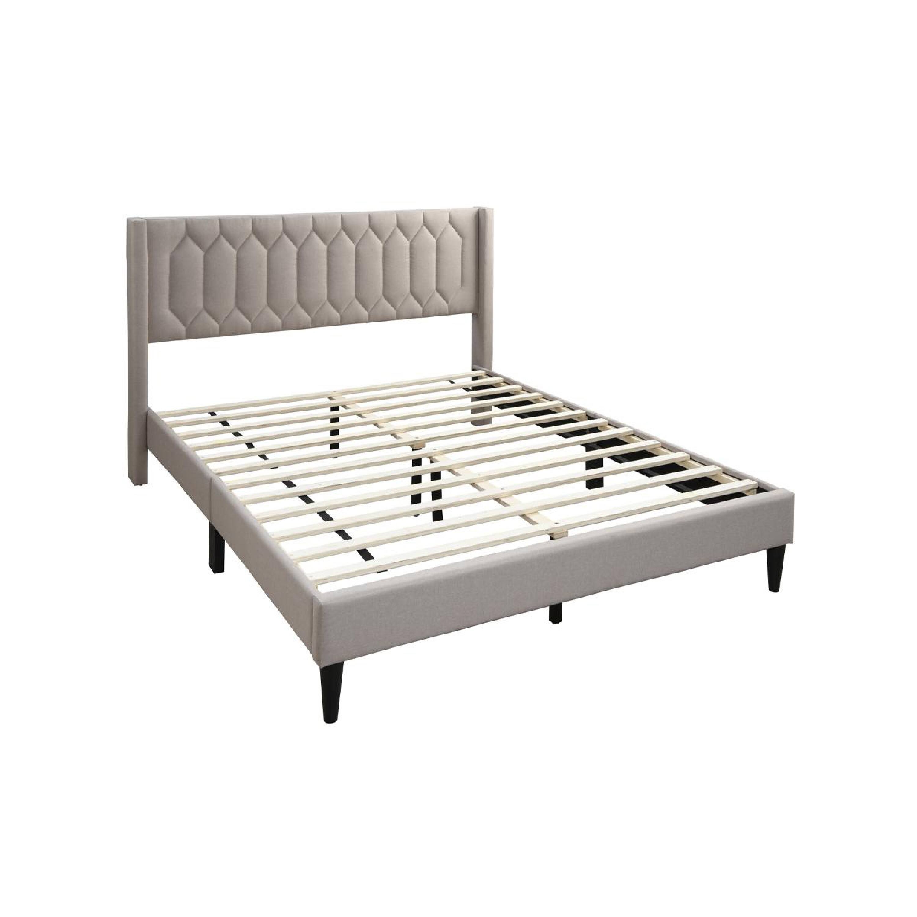 Alt View 3. Manhattan Lane - Jeo Queen Size Bed, Geometric Stitched Light Brown Burlap Upholstery - Light Brown, Black.