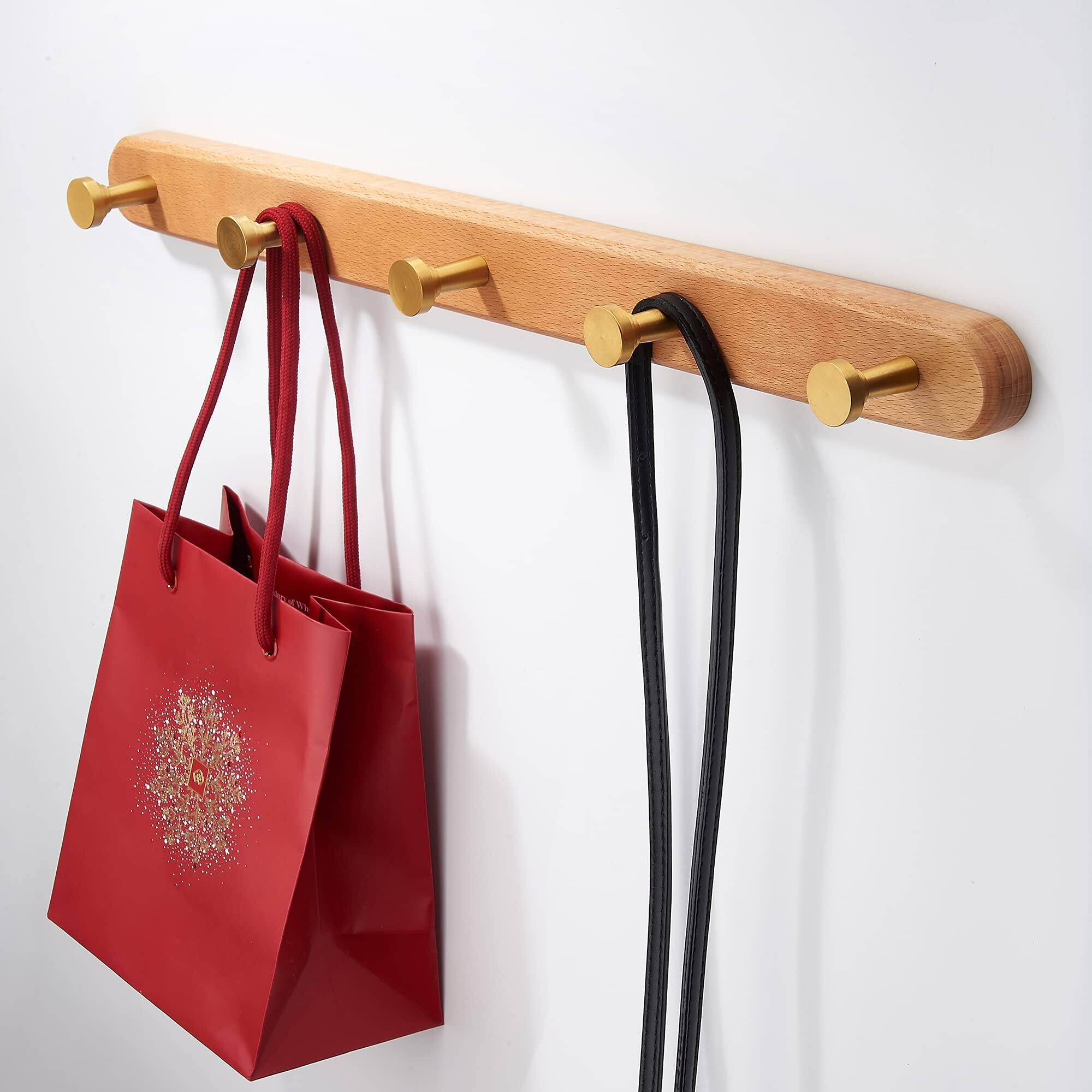 Angle. HM 1810 - Coat Rack Wall Mounted Beech Wood Heavy Duty Hooks Metal Hook Rail With 5 For Hanging Coats Backpacks Towels... - Beech-Round Hook-Golden.
