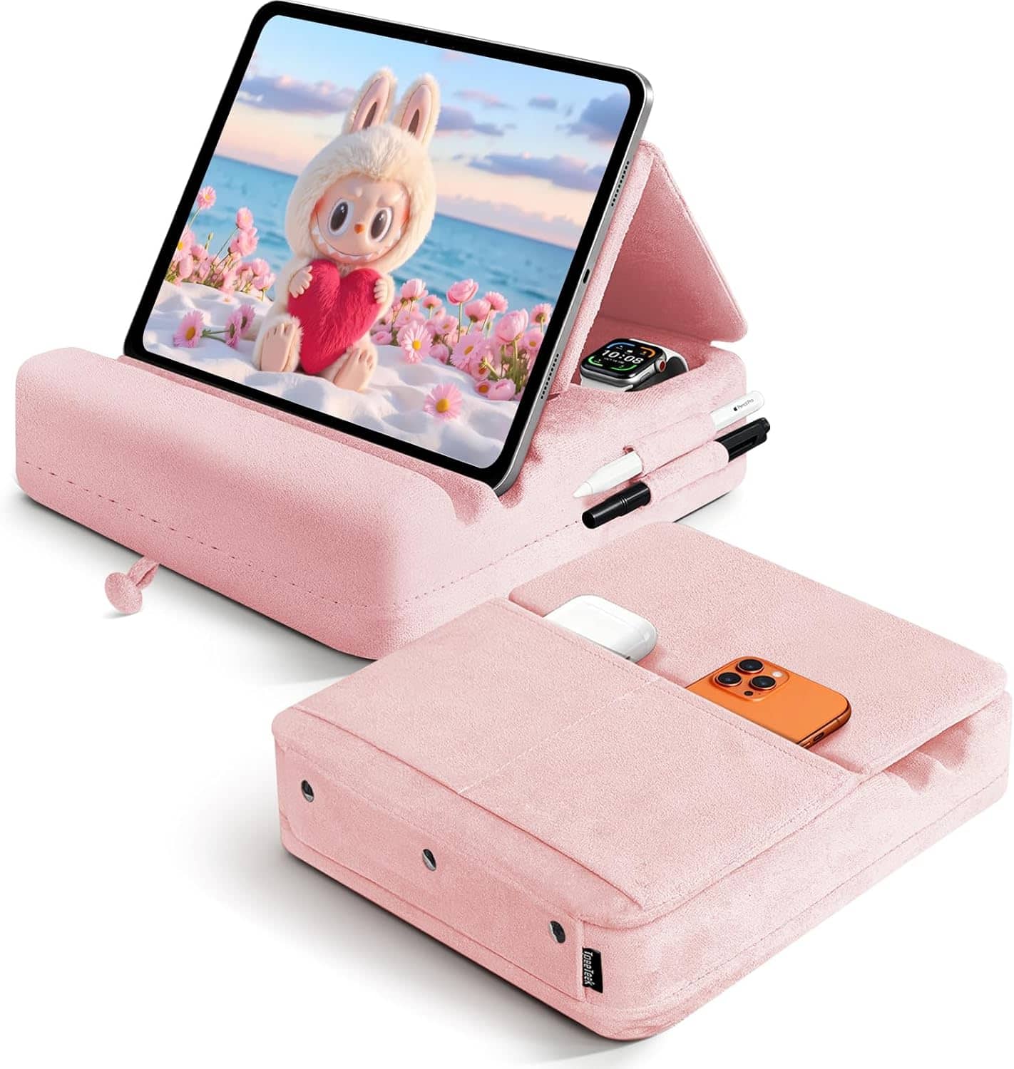 FINEAK - Foldable Tablet Pillow Stand with Storage for All Devices - Pink
