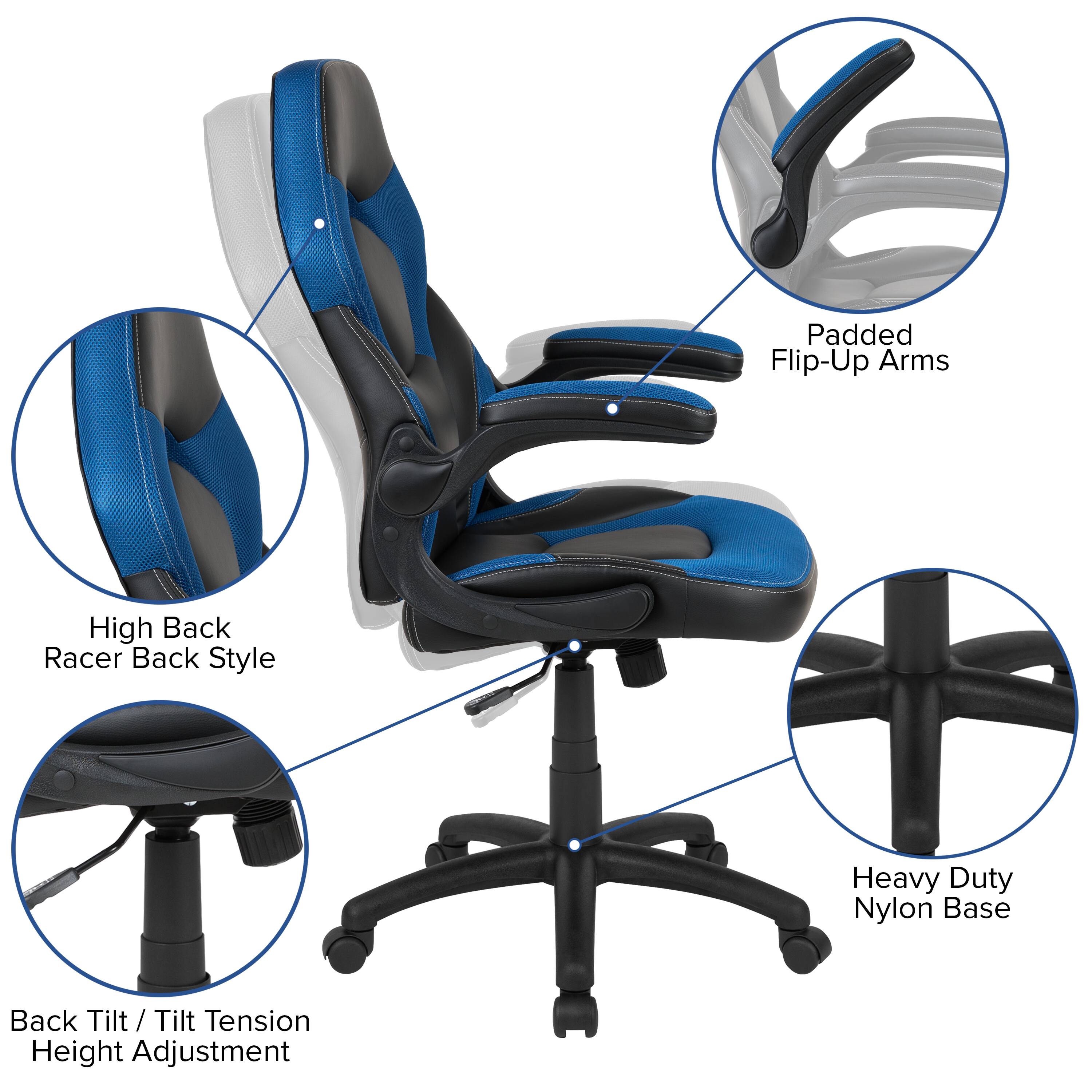 - Padded Flip-Up Arms
- High Back Racer Back Style
- Heavy Duty Nylon Base
- Back Tilt / Tilt Tension Height Adjustment