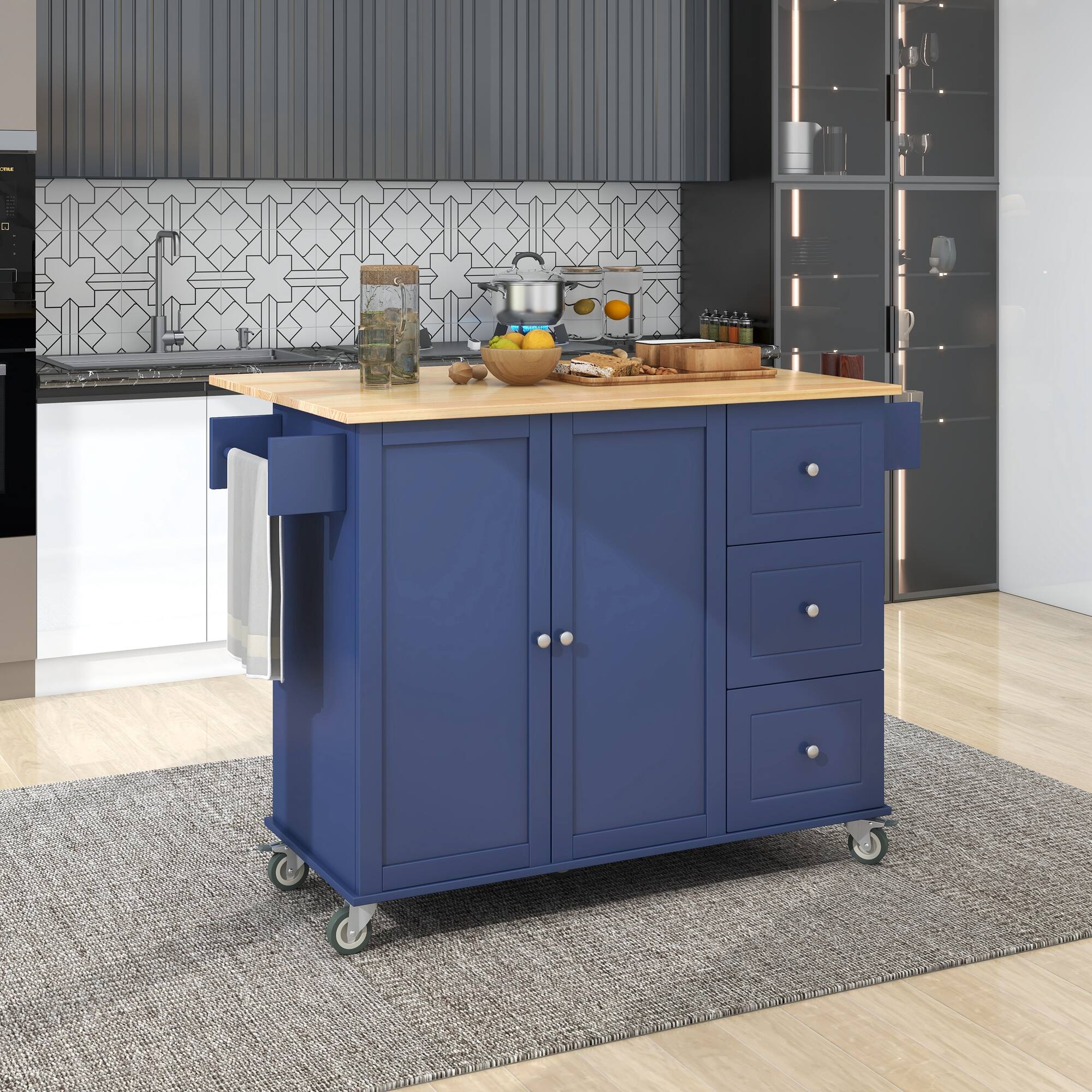 Front. Tiramisubest - 52.7" Rolling Mobile Kitchen Island with Solid Wood Top and Locking Wheels,Drop Leaf Breakfast Bar,Spice Rack,Towel Rack - Blue.
