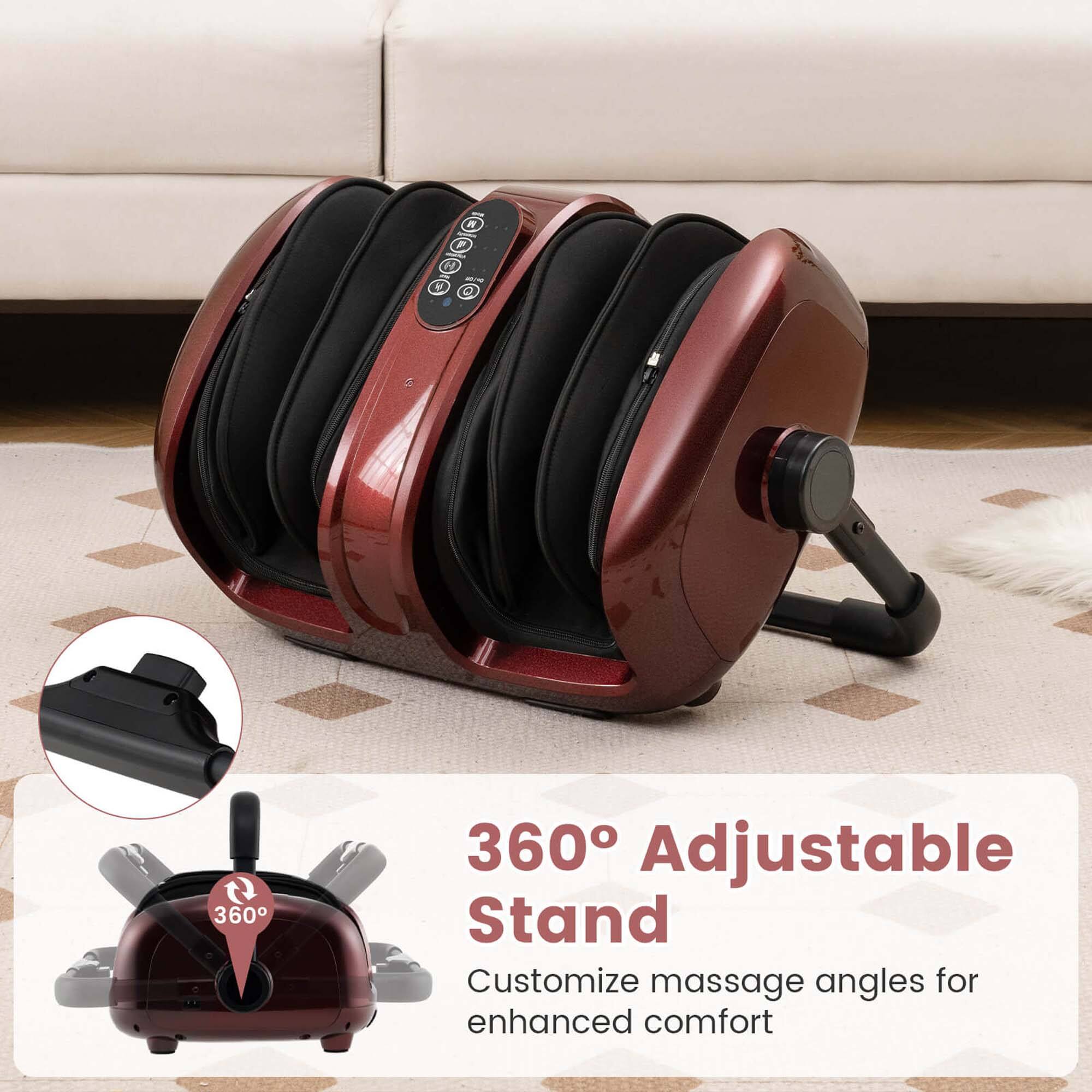The text on the image reads: "360 Adjustable Stand Customize massage angles for enhanced comfort."