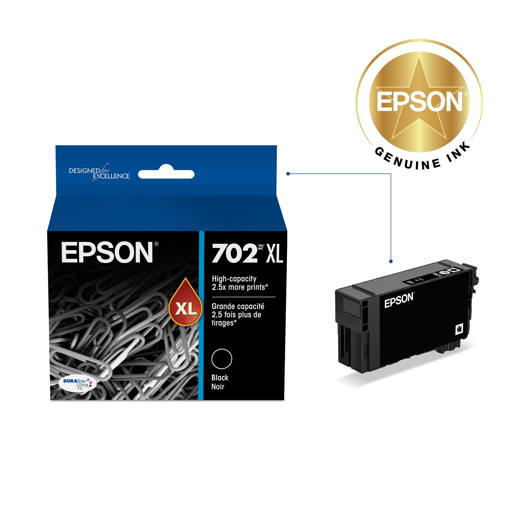 EPSON GENUINE INK 702 XL High-capacity 2.5x more prints* XL Grande capacit 2,5 fois plus de tirages* f60 I, EPSON Duratone - Black Noir
