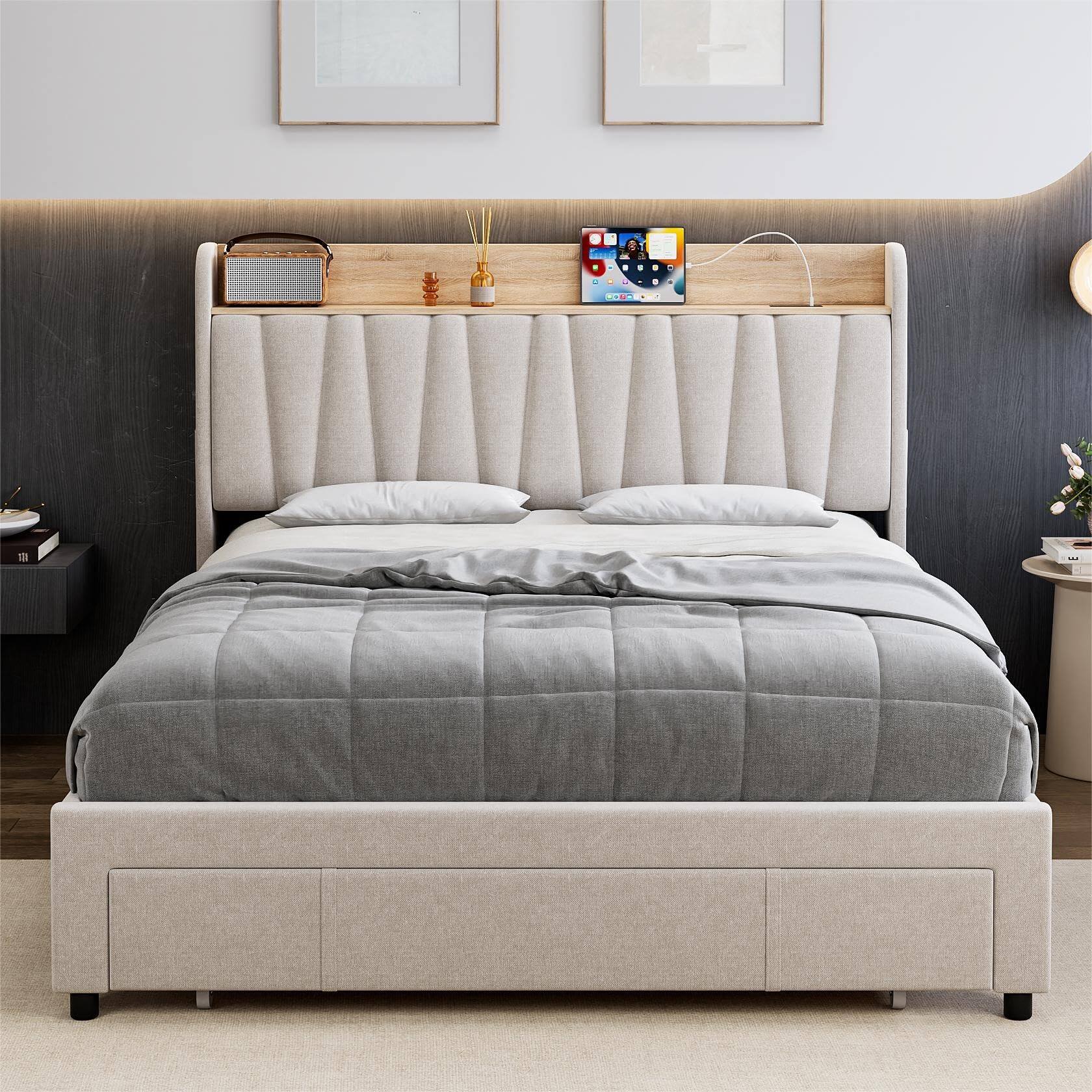 Back. Jojoka - Full Size Upholstered Bed Frame with Storage Headboard and Charging Station, Platform Bed Frame with Drawers - Beige.