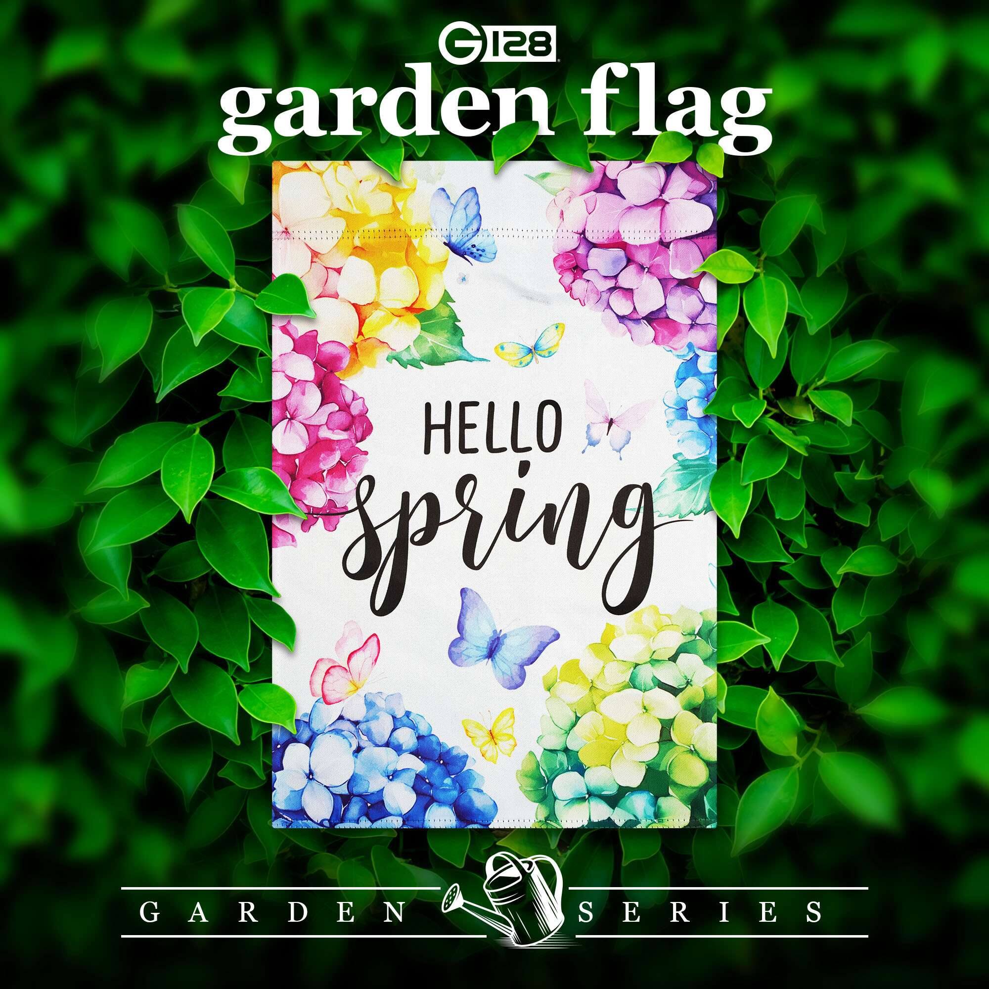 G 128 garden flag  
HELLO spring  
GARDEN SERIES