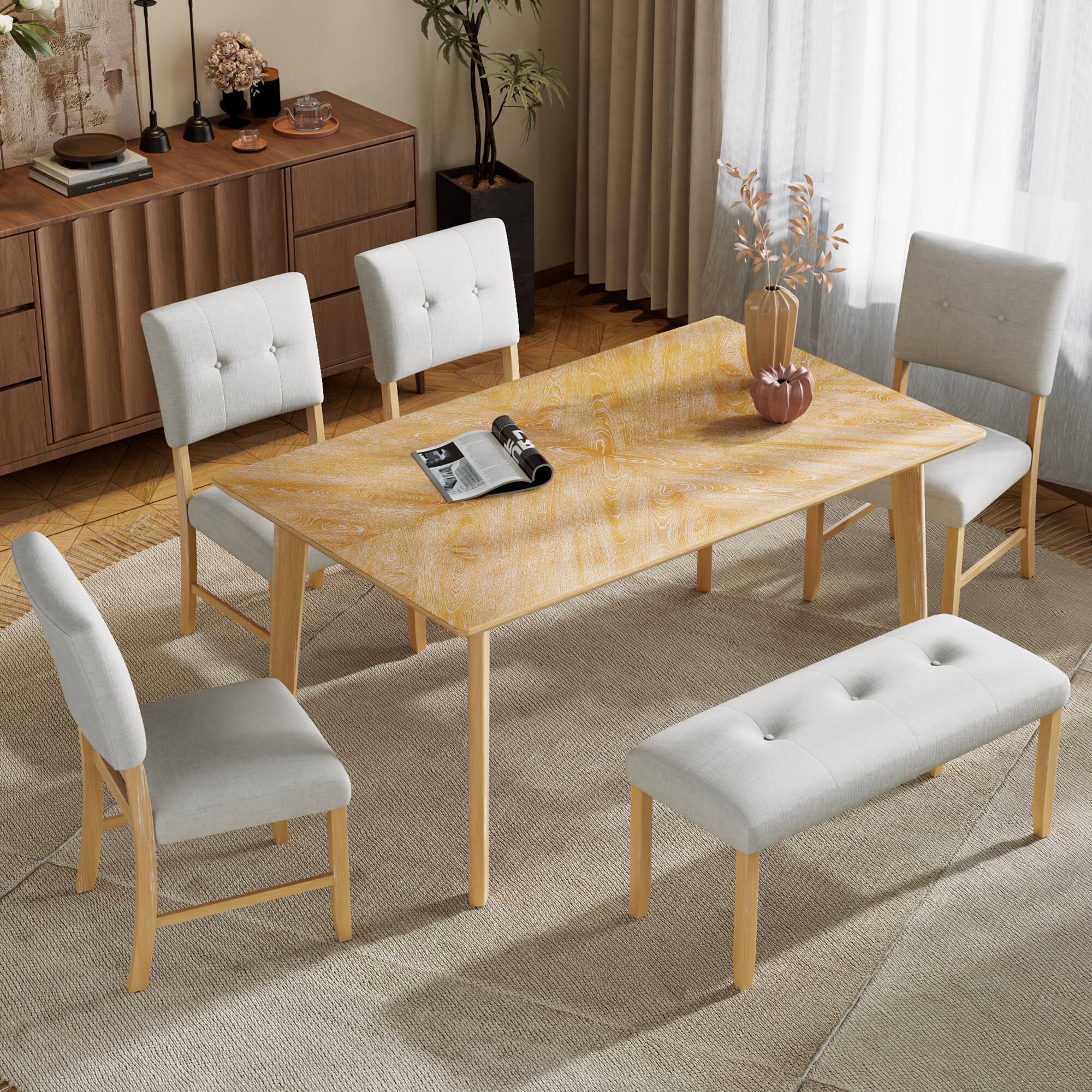 Alt View 1. Ecooso - Retro Dining Table-6 people, Minimalist Rectangular Dinette Table for Dining Room and Kitchen, Rubber wood Legs - Natural Wood Wash.