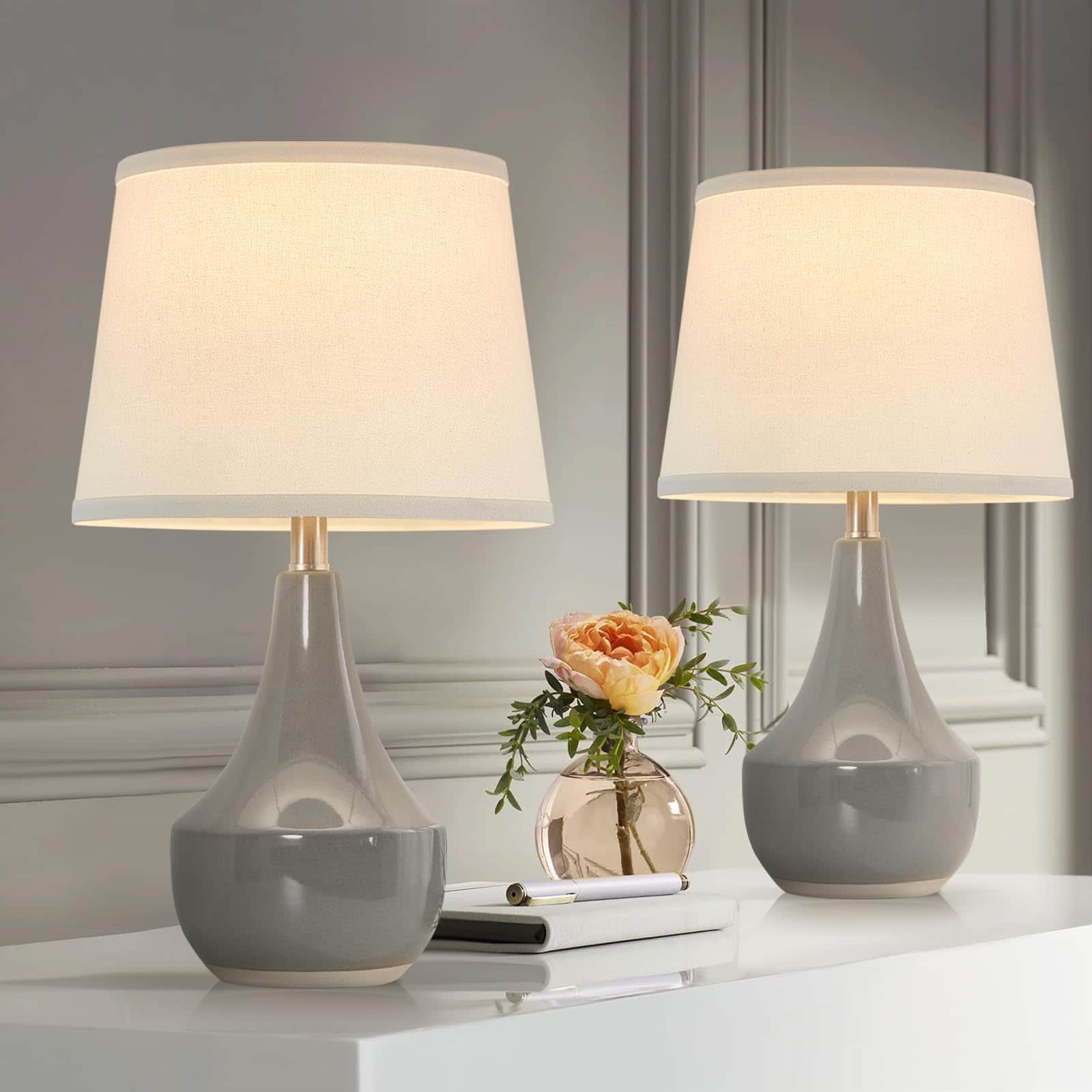 HM 1810 - GyroVu Table Lamp Set Ceramic Table Lamp Classic Beside Lamps Nightstand Lamp Modern Lamp Living Room - Grey;White Lampshade
