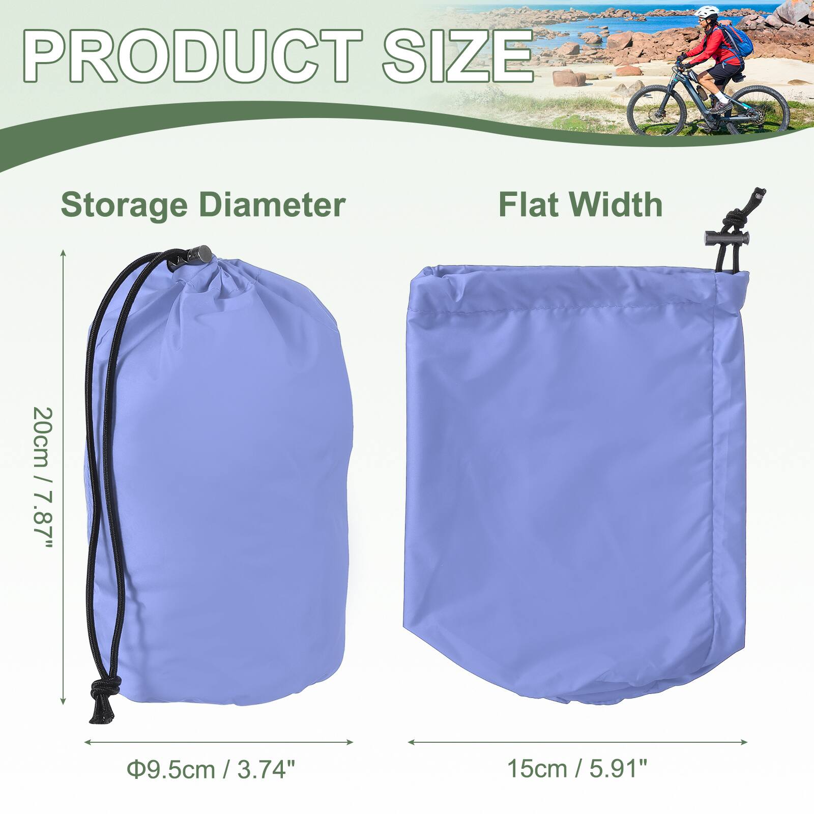 PRODUCT SIZE

Storage Diameter  
20cm / 7.87"  
Ø9.5cm / 3.74"

Flat Width  
15cm / 5.91"