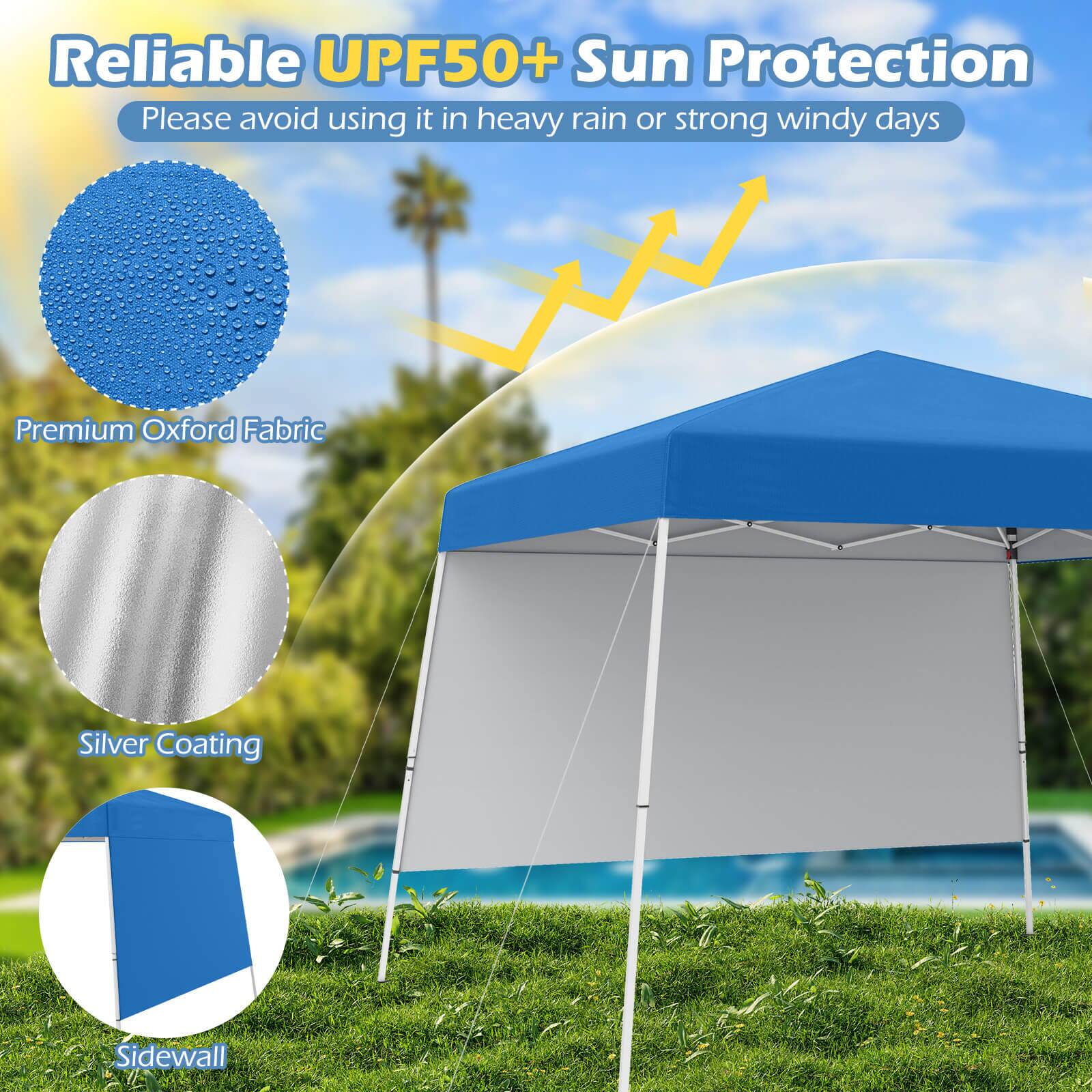 Reliable UPF50+ Sun Protection
Please avoid using it in heavy rain or strong windy days
Premium Oxford Fabric
Silver Coating
Sidewall