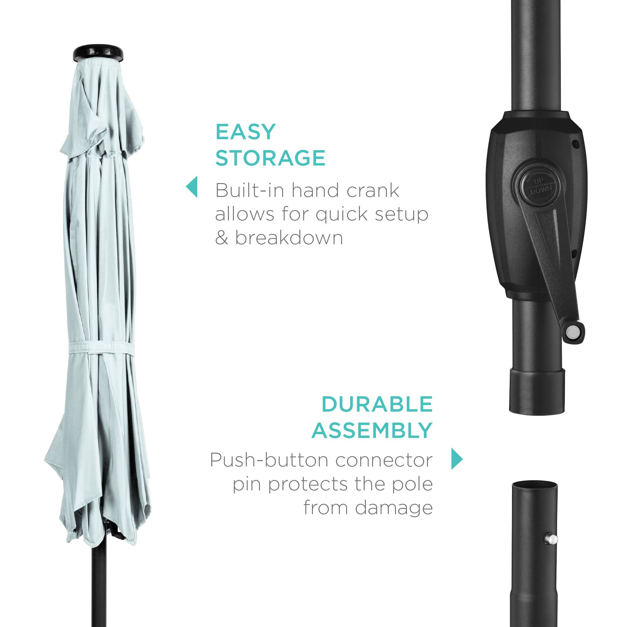 EASY STORAGE  
Built-in hand crank allows for quick setup & breakdown  

DURABLE ASSEMBLY  
Push-button connector pin protects the pole from damage