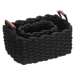 Unique Bargains - 2pcs Woven Basket Cotton Rope Storage Baskets with PU Handle, Gift Chest Box, for Shelf Organizing Home Decor Nursery - Black